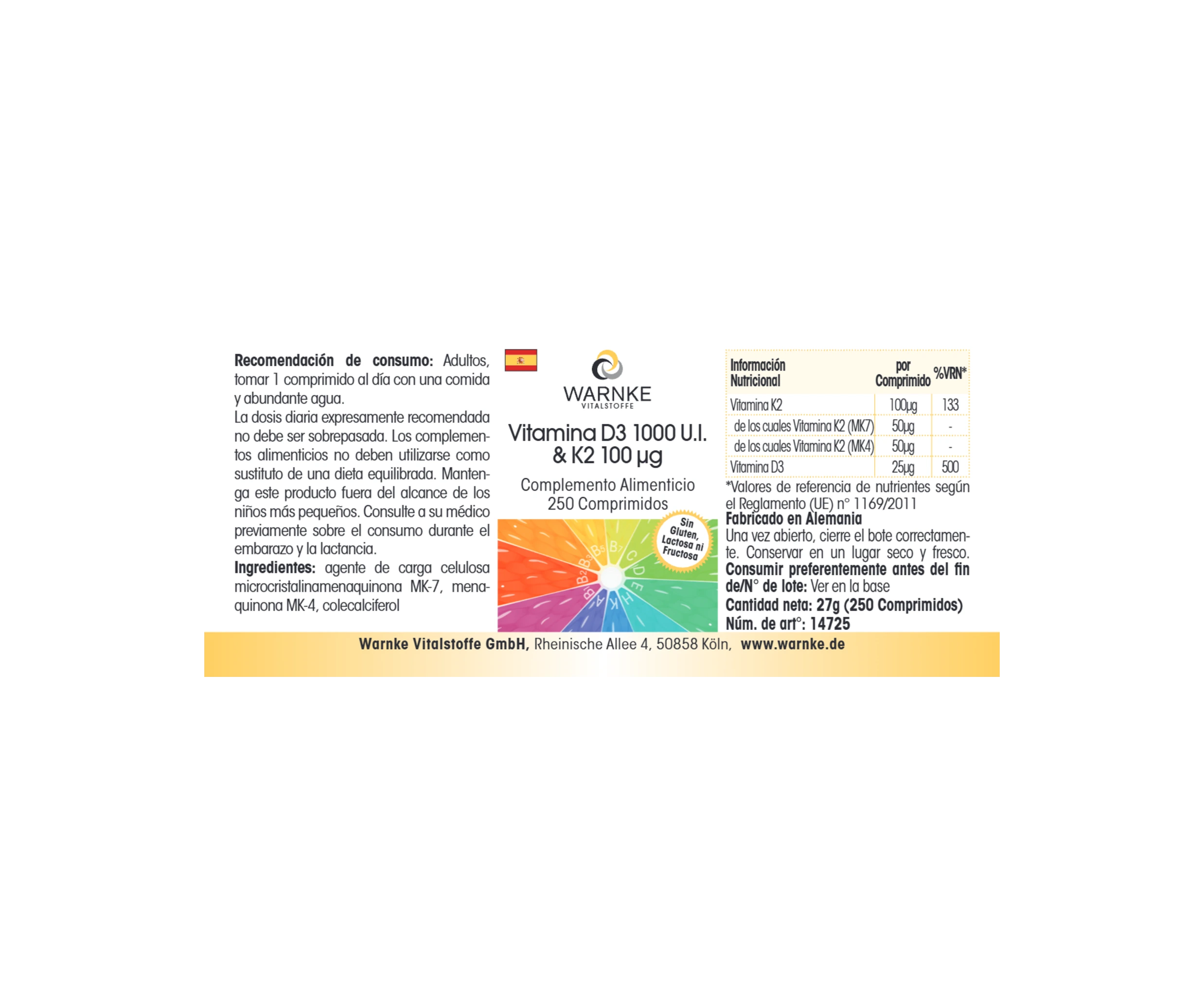 Vitamin D3 1.000 I.E. & K2 100μg - 250 Tabletten - für Knochen & Immunsystem - hochdosiert | Warnke Vitalstoffe