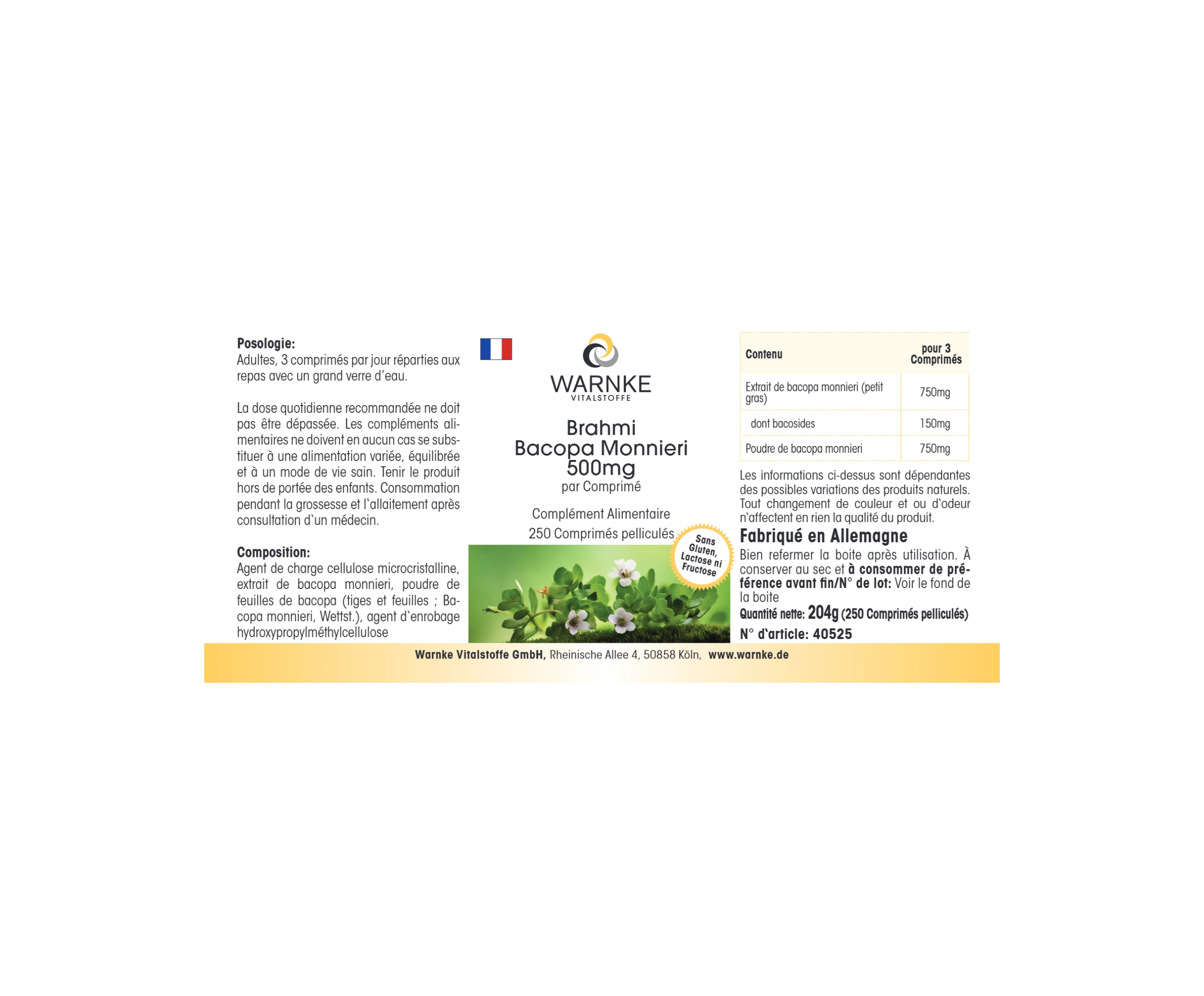 Brahmi Bacopa Monnieri 500mg - 250 comprimidos recubiertos con película - Vegano | Warnke Vitalstoffe
