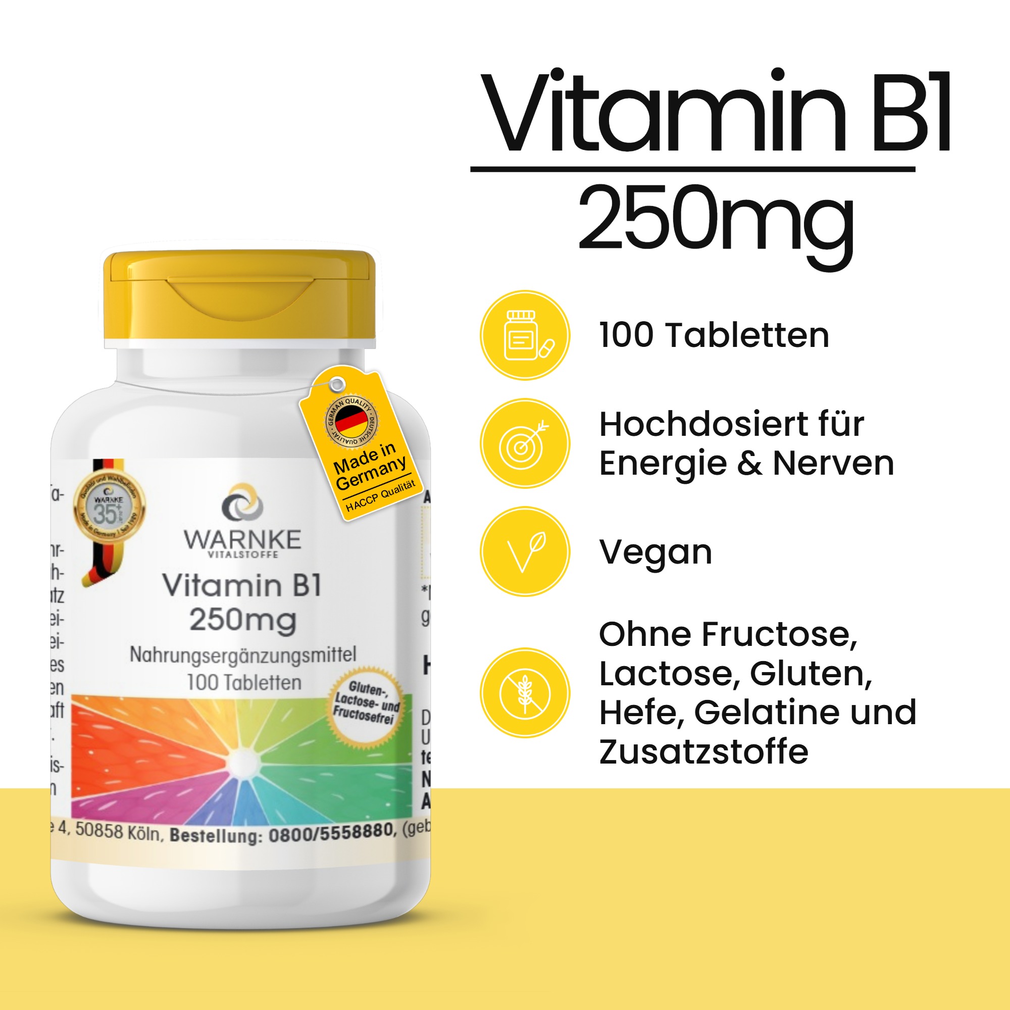 Vitamin B1 250mg - 100 Tabletten - für Energie, Herz uvm. - hochdosiert & vegan | Warnke Vitalstoffe
