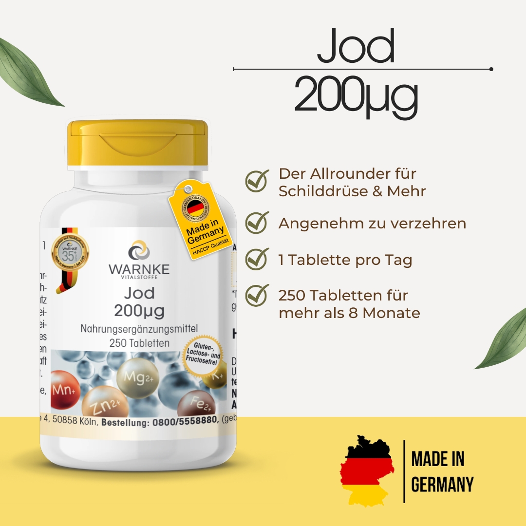 Jod 200μg - 250 Tabletten - für Schilddrüse, Haut uvm. - hochdosiert & vegan | Warnke Vitalstoffe