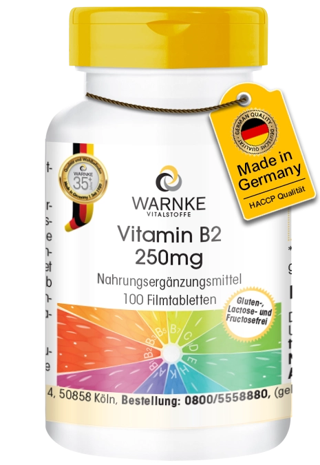 Vitamin B2 250mg - 100 Filmtabletten - für Energie, Haut, Sehkraft uvm. - Hochdosiert | Warnke Vitalstoffe