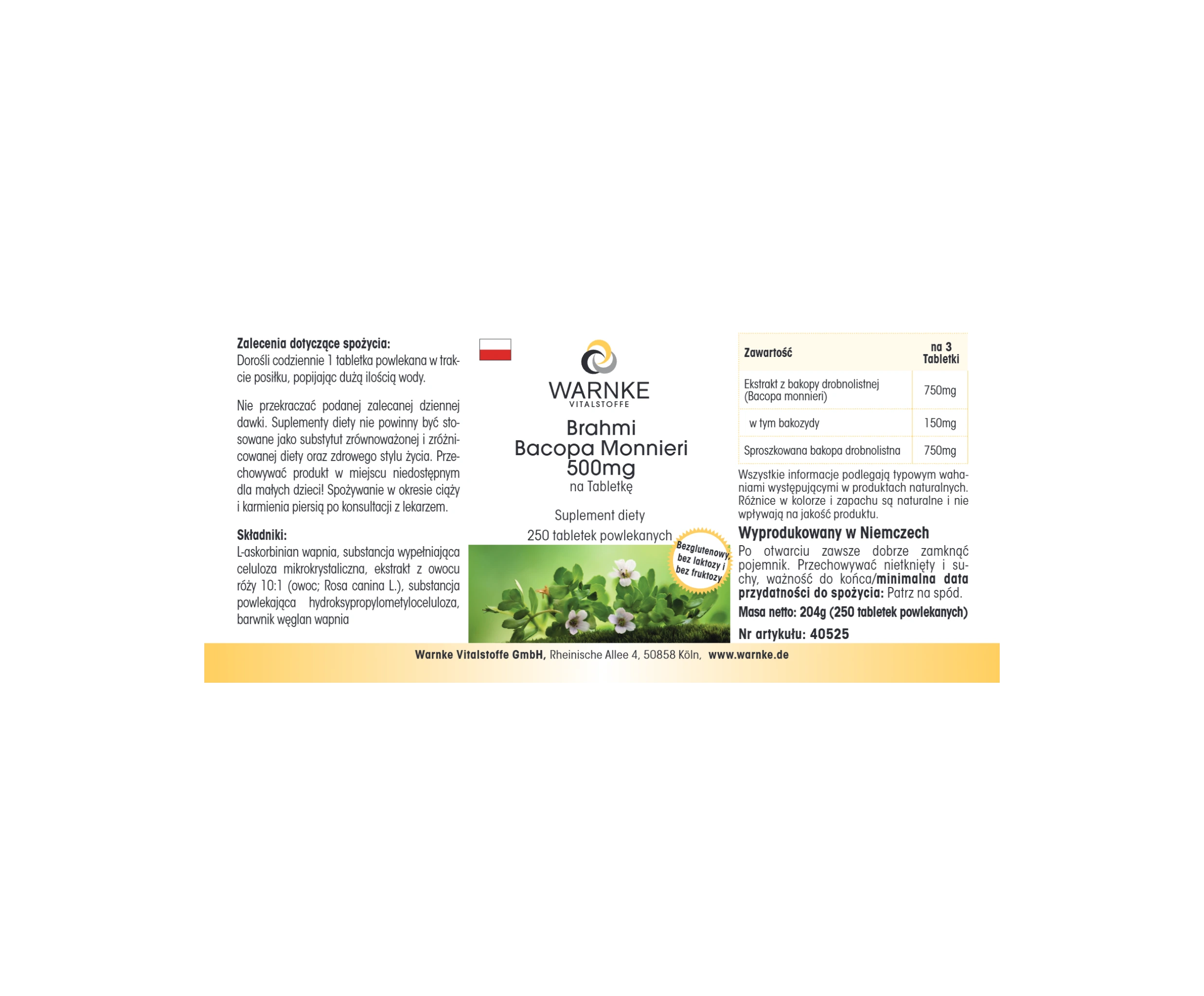 Brahmi Bacopa Monnieri 500mg - 250 comprimidos recubiertos con película - Vegano | Warnke Vitalstoffe
