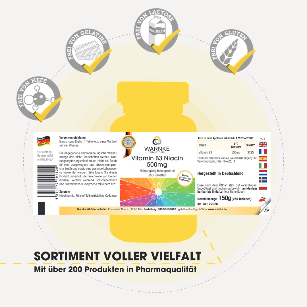 Vitamin B3 Niacin 500mg - 250 Tabletten - für Energie, Haut uvm. - hochdosiert & vegan | Warnke Vitalstoffe