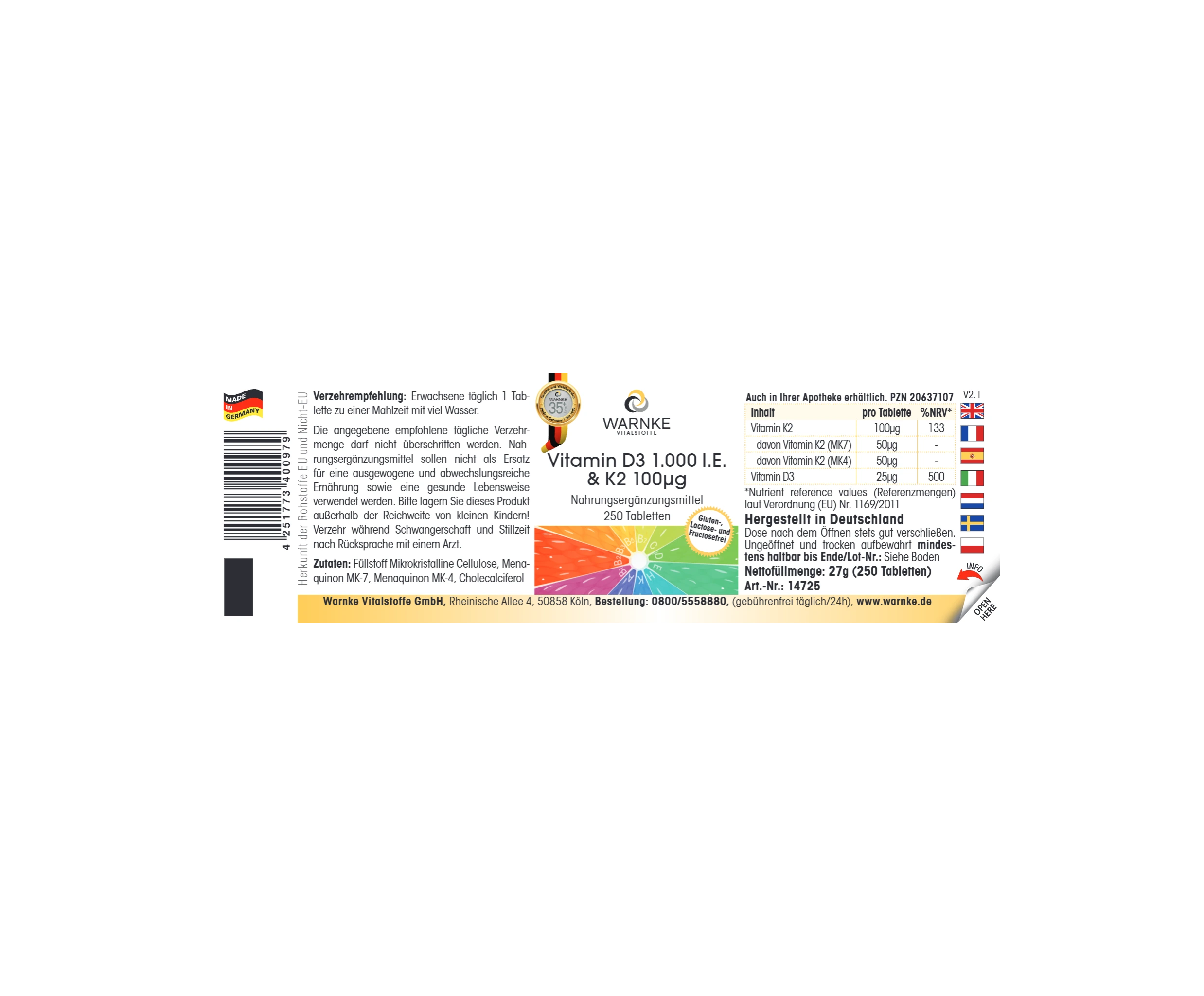 Vitamin D3 1.000 I.E. & K2 100μg - 250 Tabletten - für Knochen & Immunsystem - hochdosiert | Warnke Vitalstoffe
