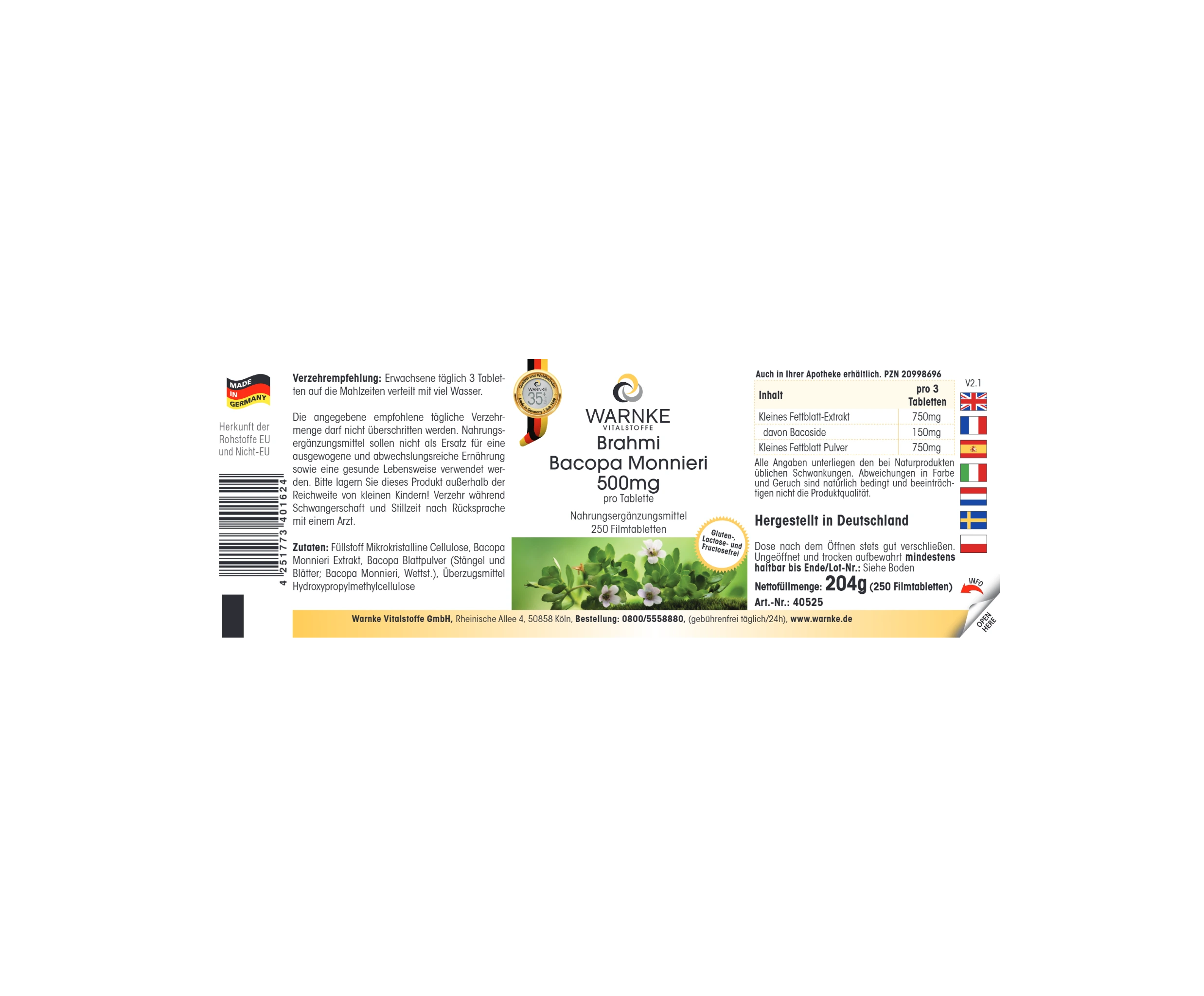 Brahmi Bacopa Monnieri 500mg - 250 comprimidos recubiertos con película - Vegano | Warnke Vitalstoffe