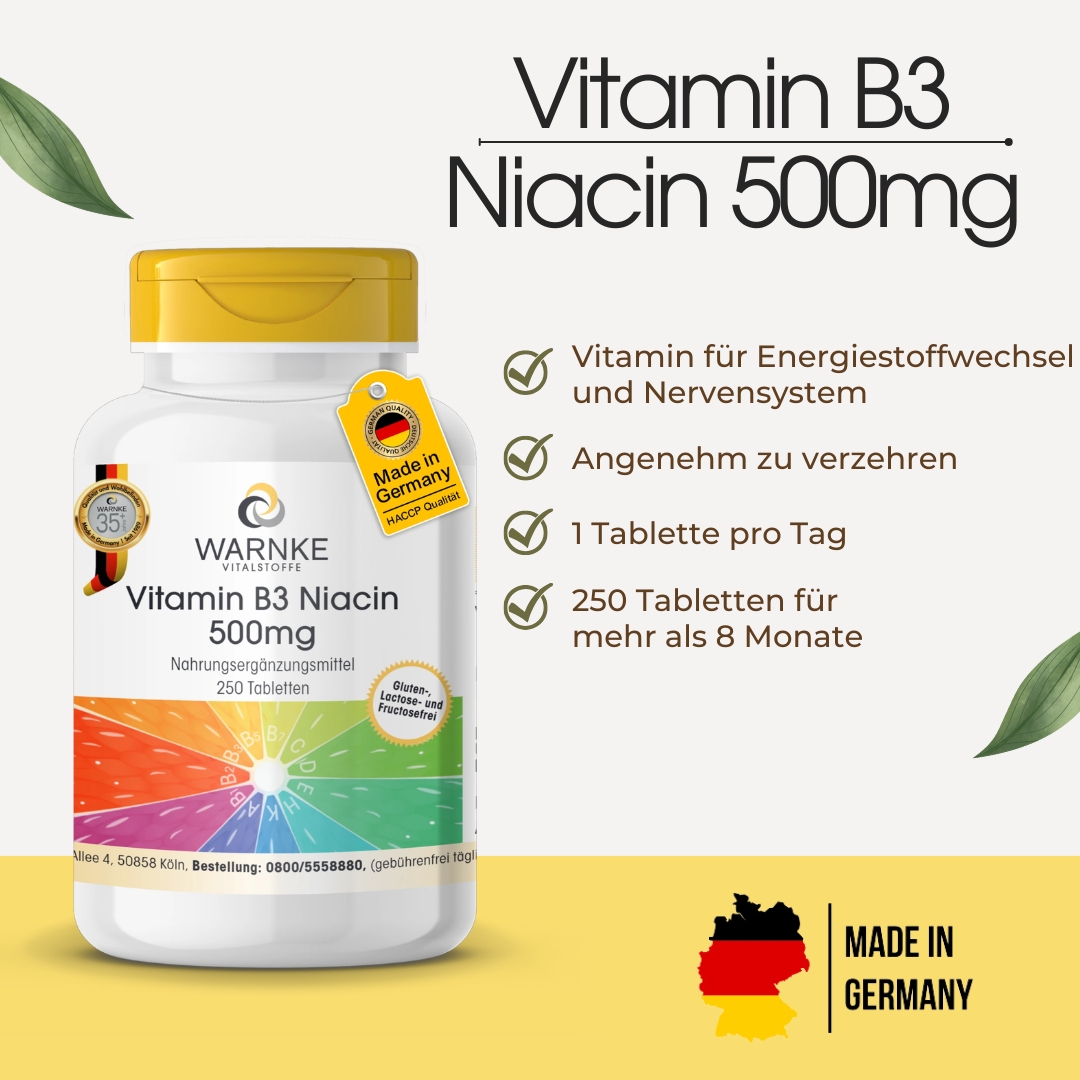 Vitamin B3 Niacin 500mg - 250 Tabletten - für Energie, Haut uvm. - hochdosiert & vegan | Warnke Vitalstoffe