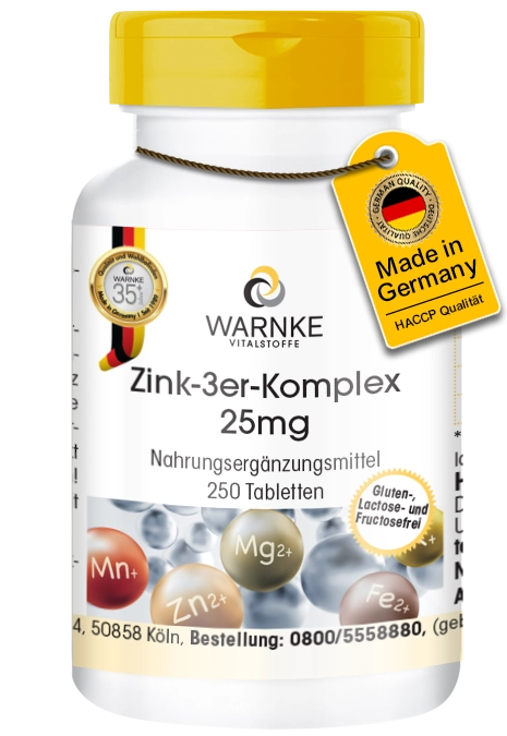 Zink-3er-Komplex 25mg - 250 Tabletten - für Immunsystem, Knochen, Haut uvm. - hochdosiert & vegan | Warnke Vitalstoffe