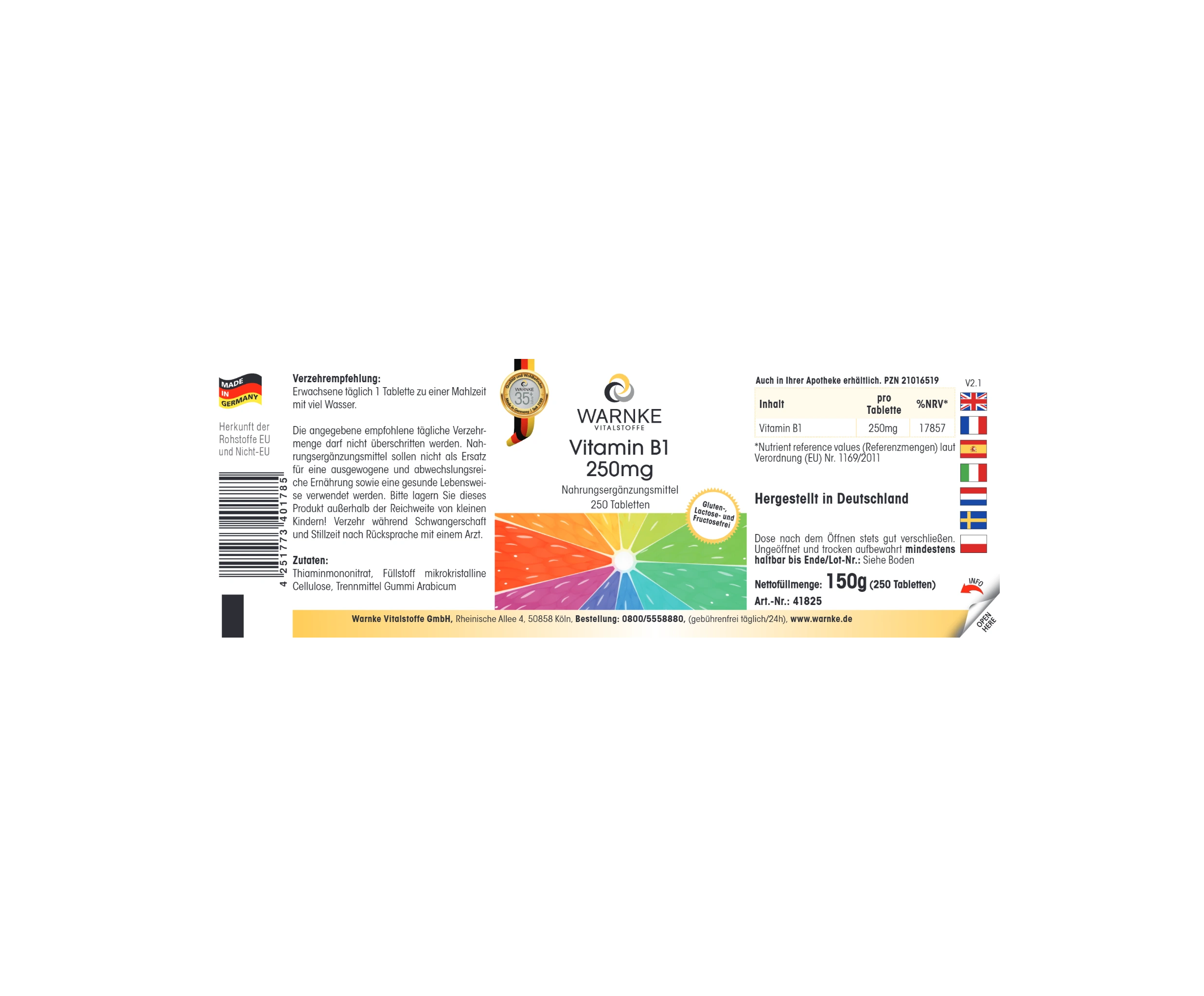Vitamin B1 250mg - 250 Tabletten - für Energie, Herz uvm. - hochdosiert & vegan | Warnke Vitalstoffe