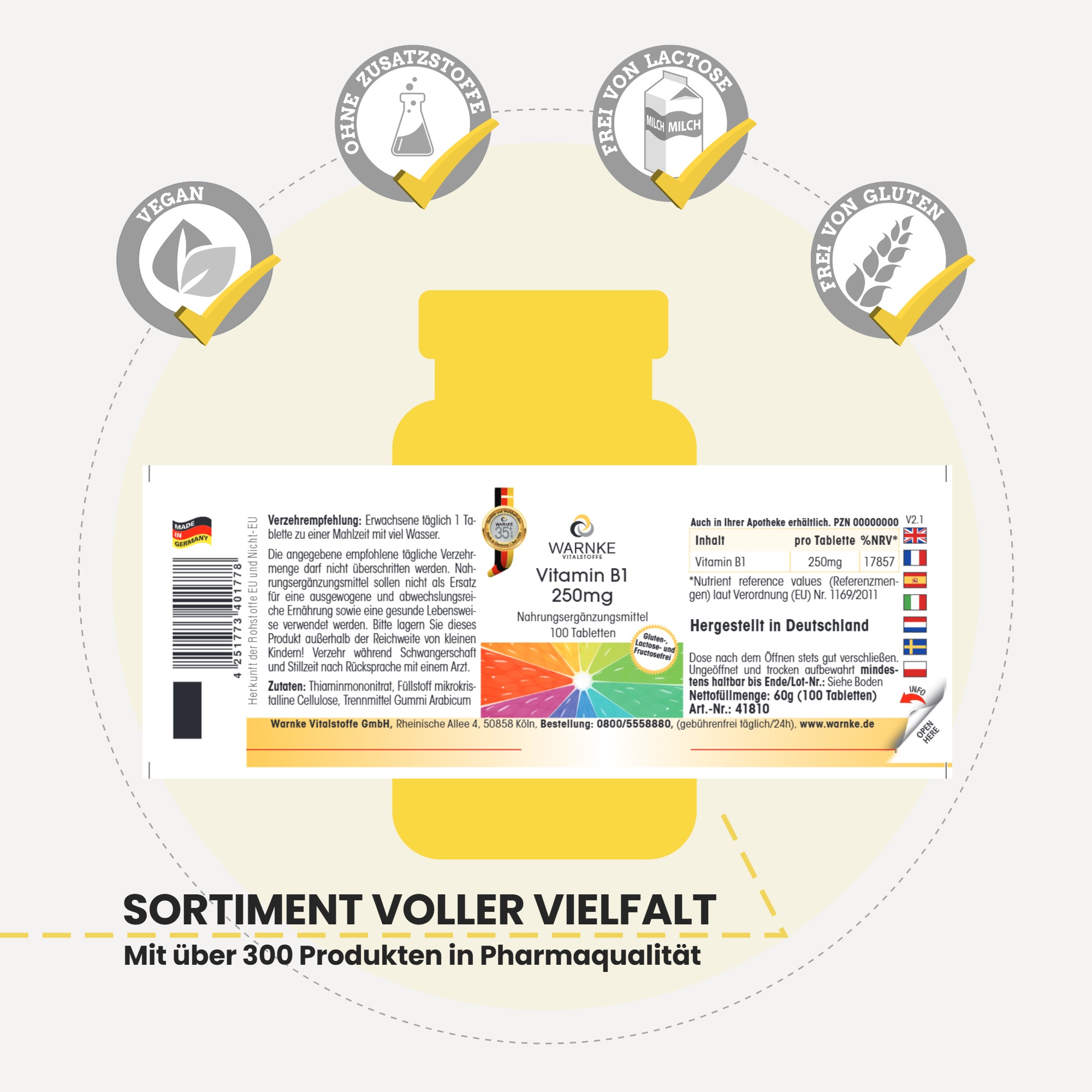 Vitamin B1 250mg - 100 Tabletten - für Energie, Herz uvm. - hochdosiert & vegan | Warnke Vitalstoffe