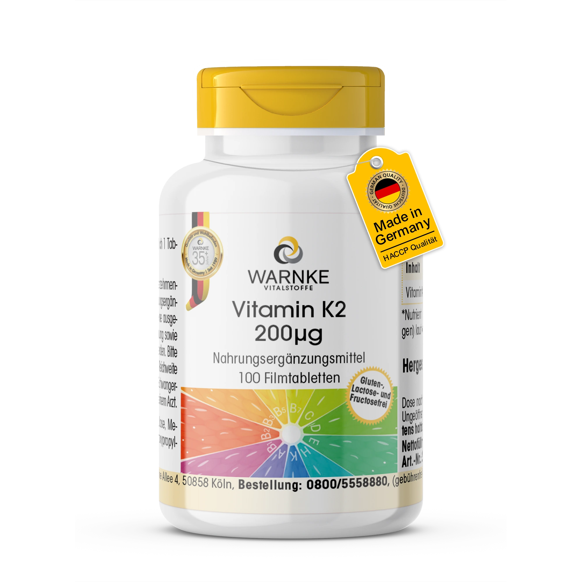 Vitamin K2 200µg - 100 Filmtabletten - schluckfreundlich - für Knochen & Blutgerinnung | Warnke Vitalstoffe