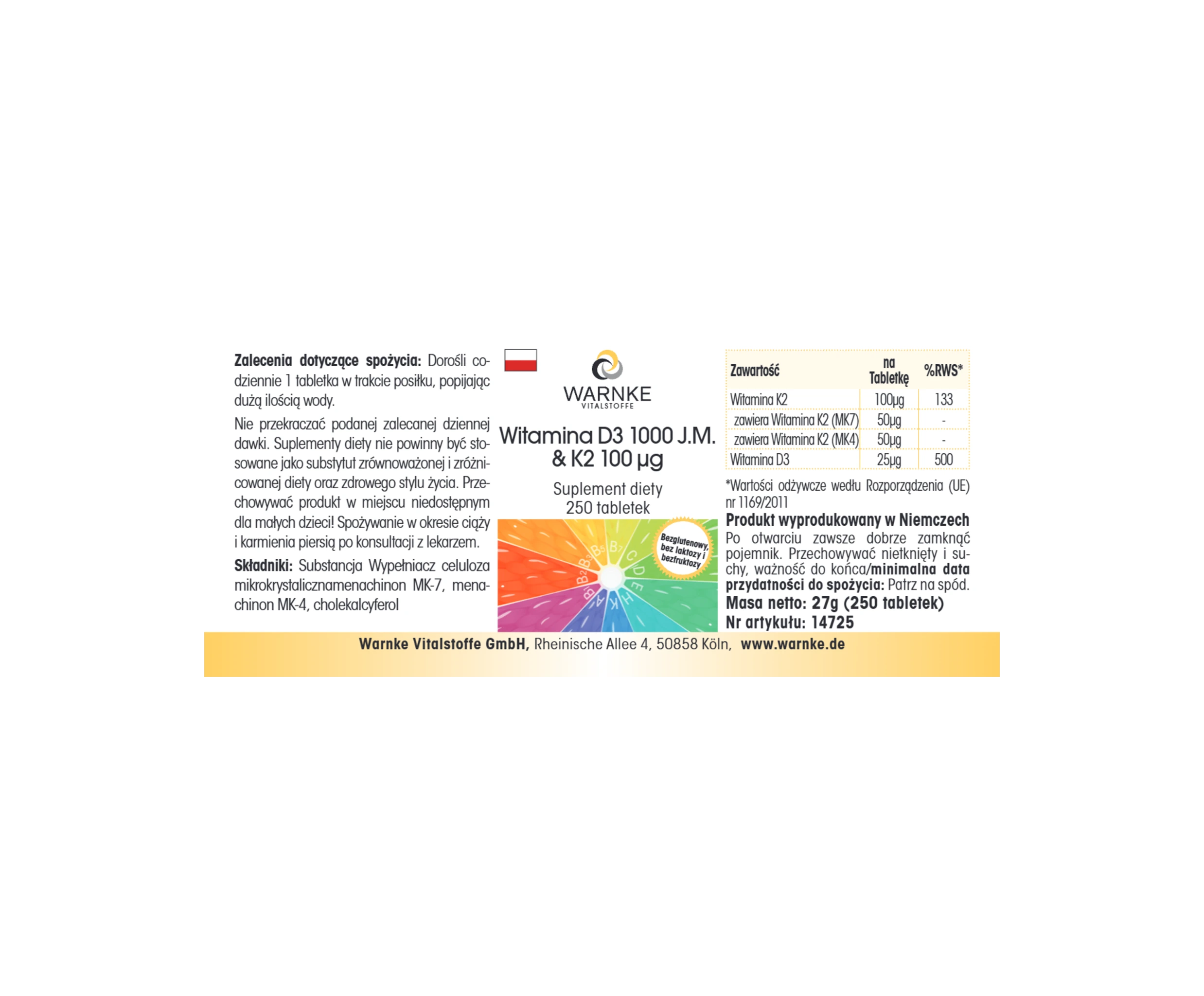 Vitamin D3 1.000 I.E. & K2 100μg - 250 Tabletten - für Knochen & Immunsystem - hochdosiert | Warnke Vitalstoffe