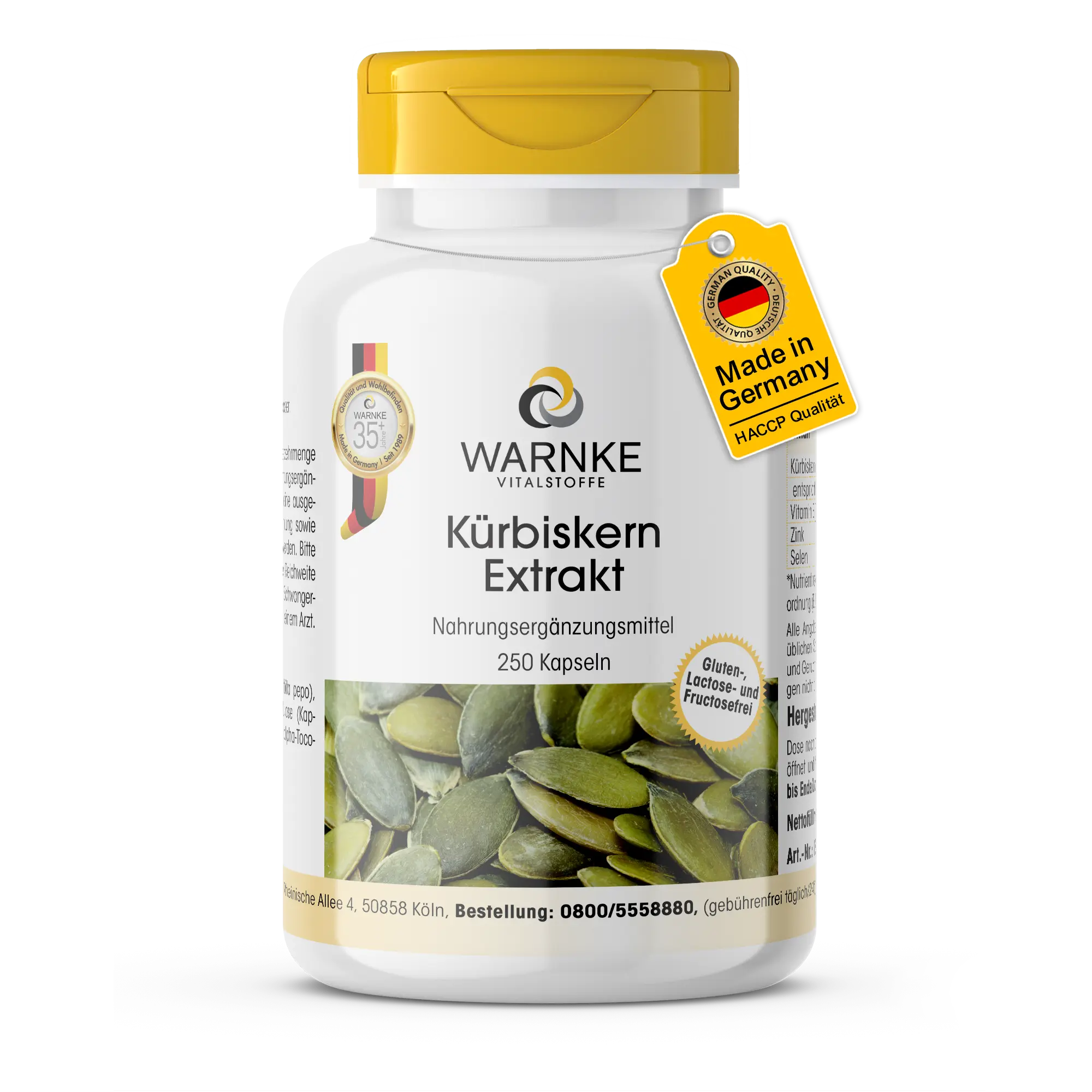 Extracto de Semillas de Calabaza 500mg - 250 cápsulas - con vitamina E y selenio - para el sistema inmunitario, la piel y más | Warnke Vitalstoffe