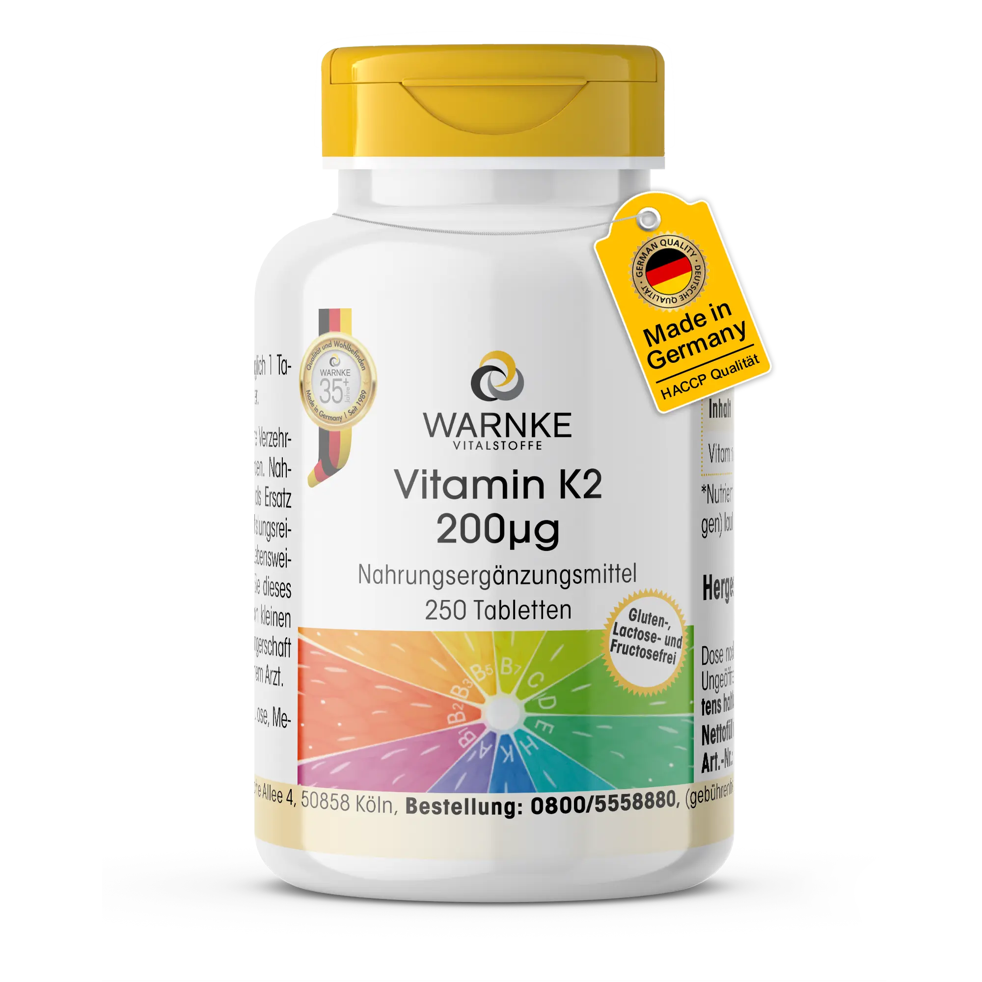 Vitamina K2 200µg - 250 Comprimidos - para Huesos y Coagulación Sanguínea - Alta Dosificación y Vegano | Warnke Vitalstoffe