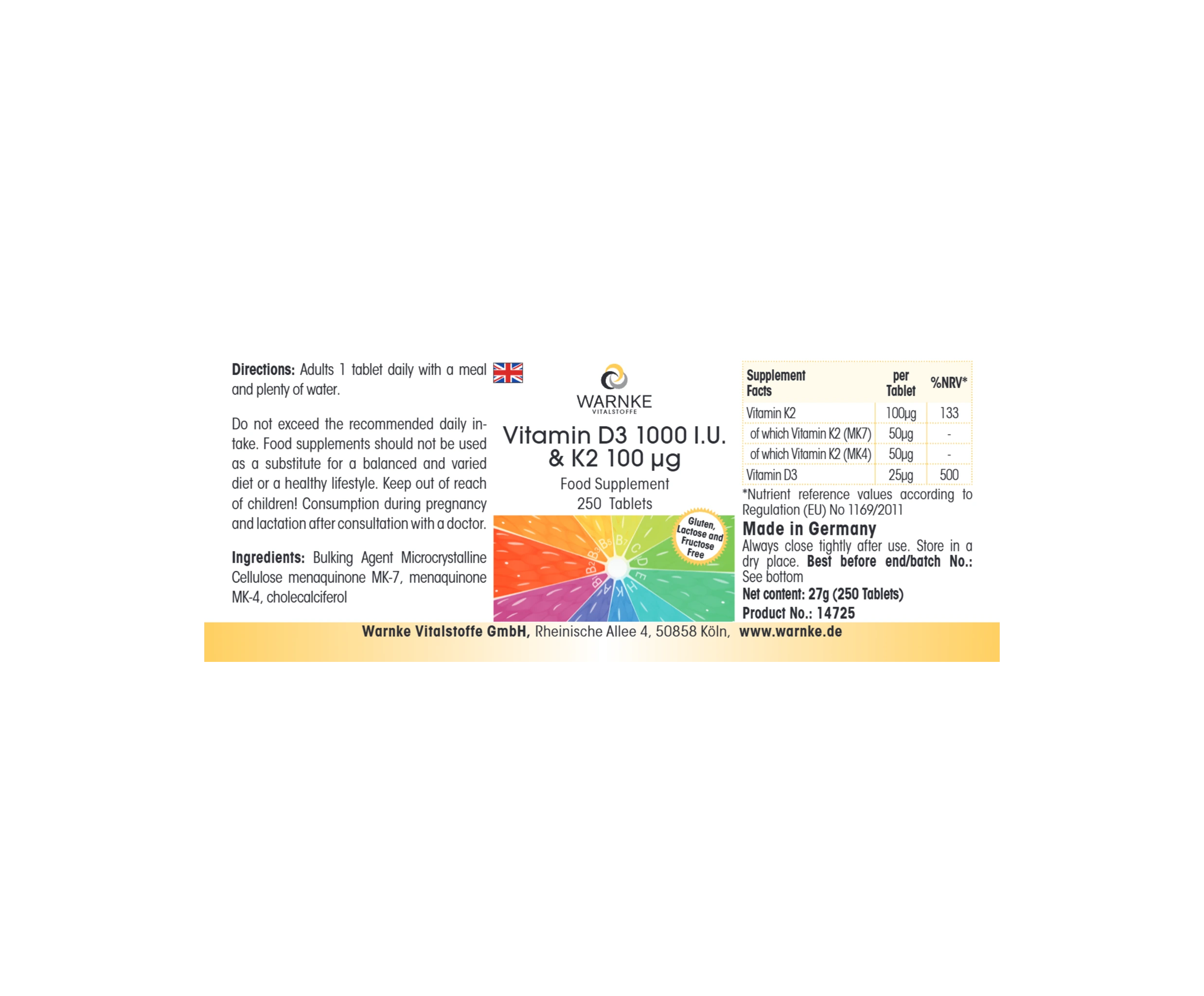 Vitamin D3 1.000 I.E. & K2 100μg - 250 Tabletten - für Knochen & Immunsystem - hochdosiert | Warnke Vitalstoffe