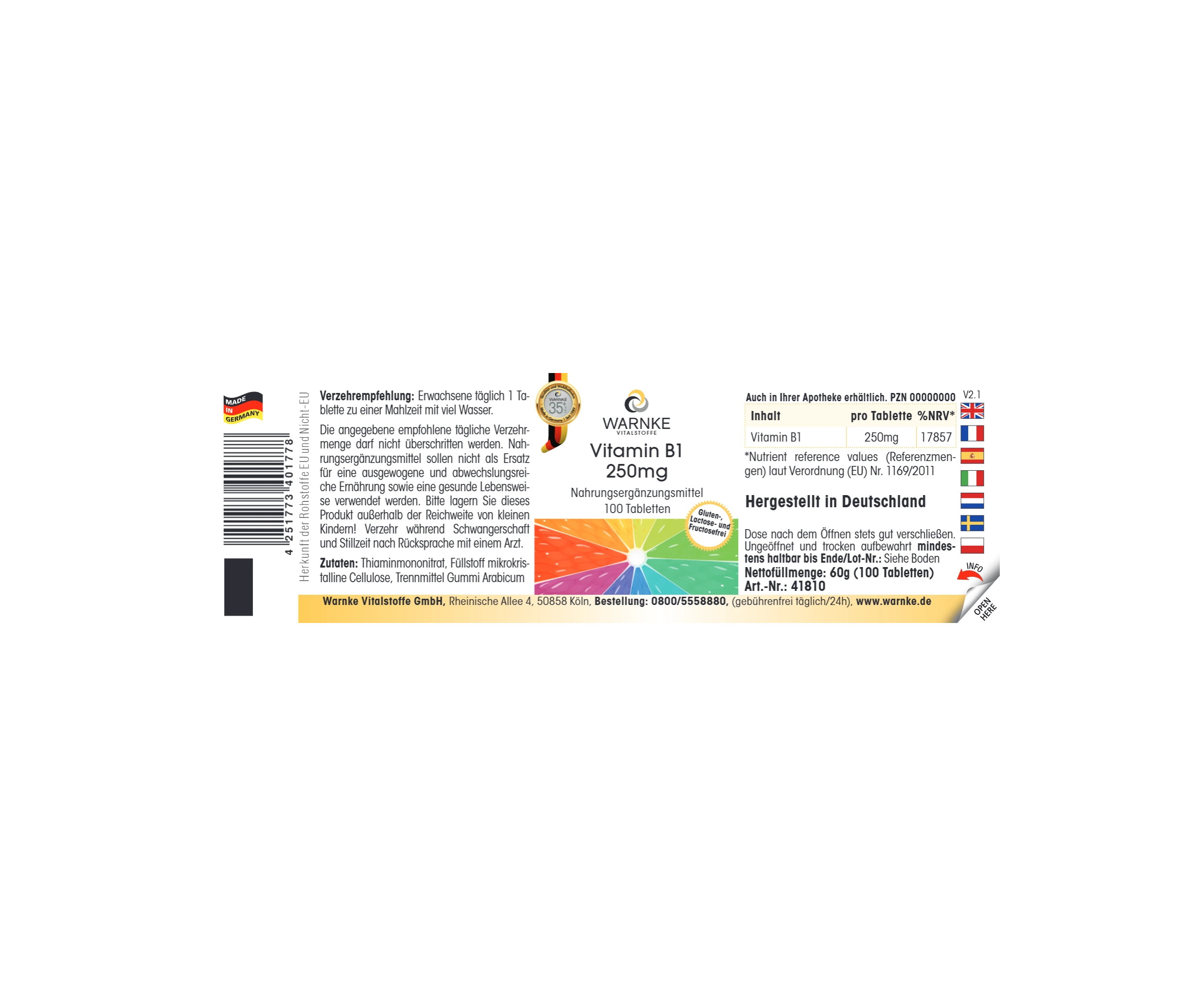 Vitamin B1 250mg - 100 Tabletten - für Energie, Herz uvm. - hochdosiert & vegan | Warnke Vitalstoffe