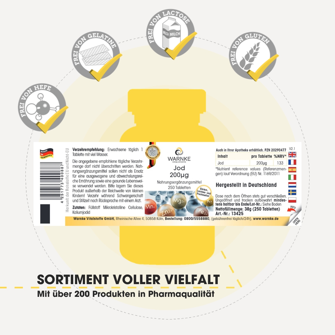 Jod 200μg - 250 Tabletten - für Schilddrüse, Haut uvm. - hochdosiert & vegan | Warnke Vitalstoffe