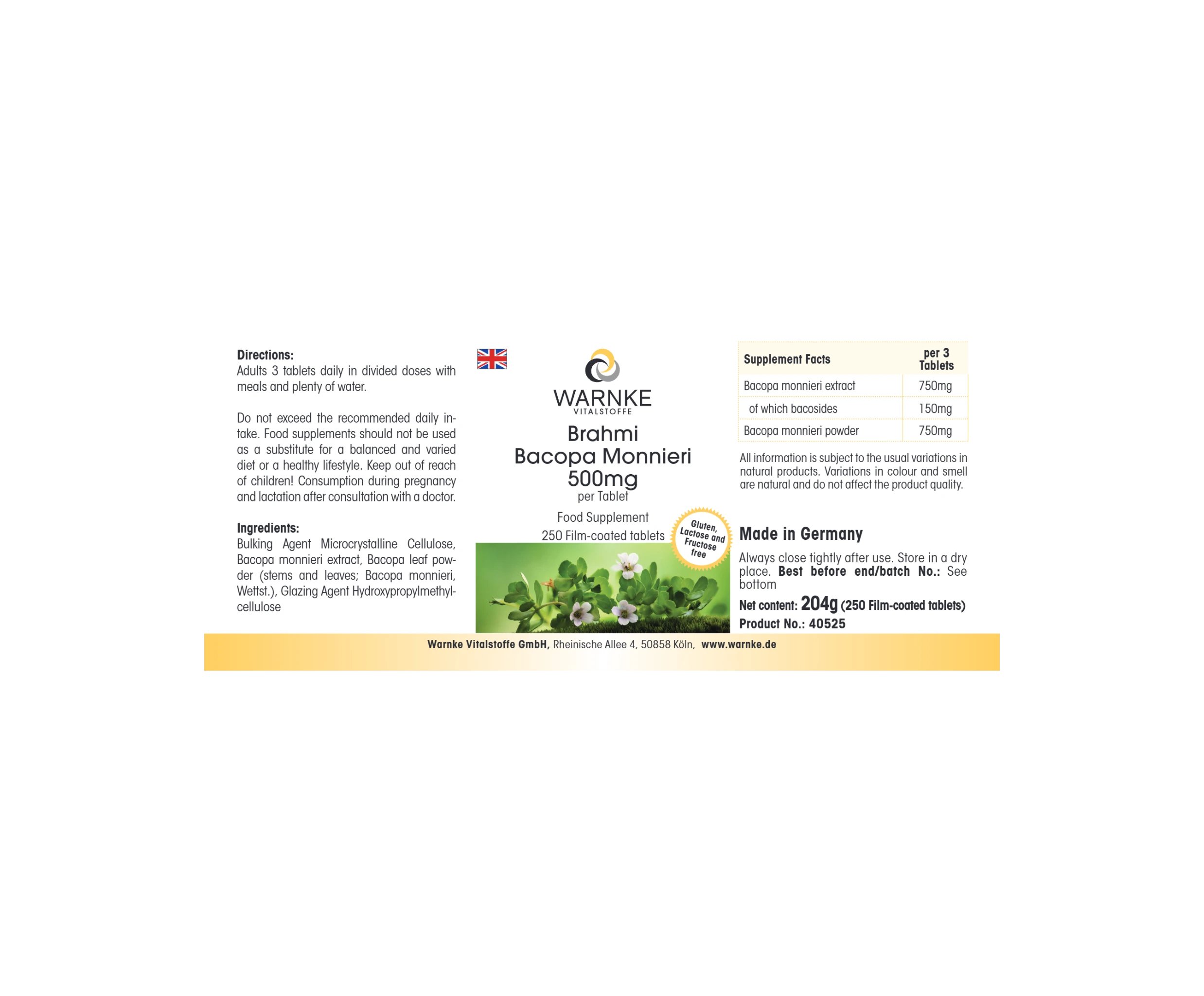 Brahmi Bacopa Monnieri 500mg - 250 comprimidos recubiertos con película - Vegano | Warnke Vitalstoffe