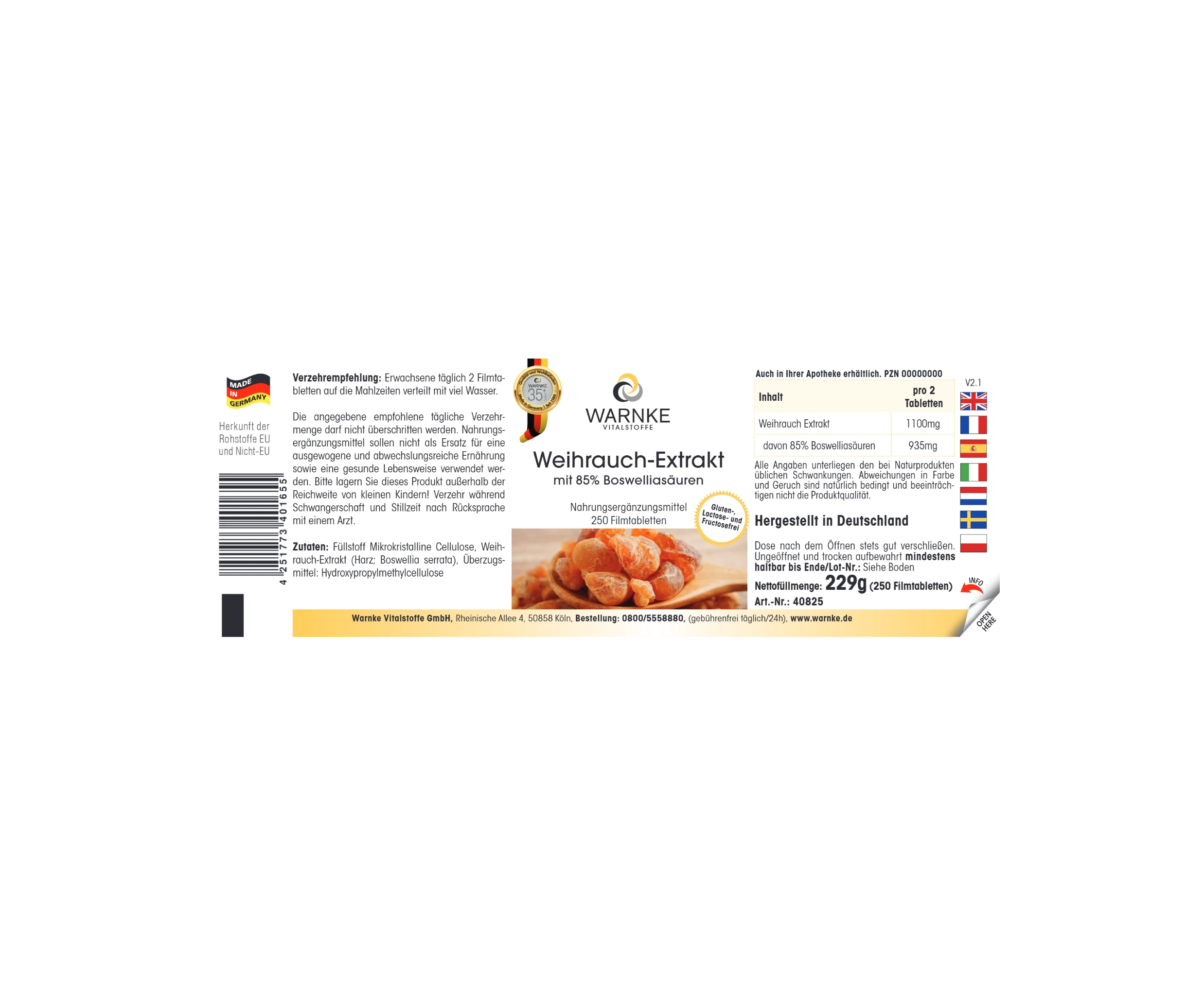 Weihrauch-Extrakt mit 85% Boswelliasäuren - 250 Filmtabletten - schluckfreundlich - vegan | Warnke Vitalstoffe
