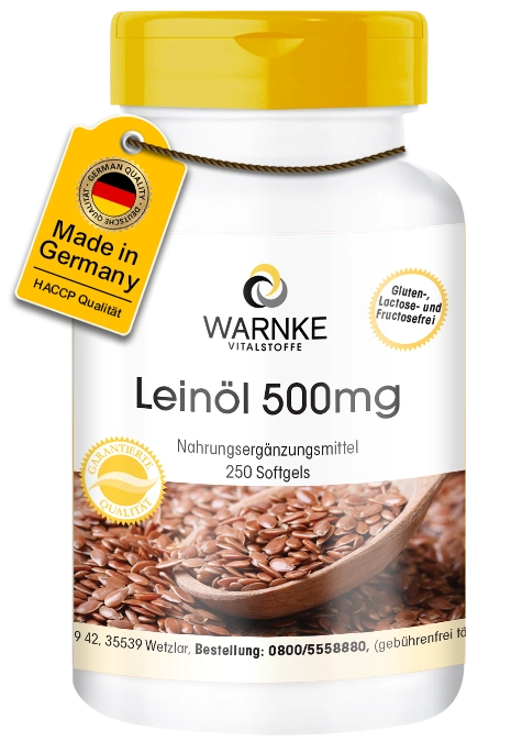 Leinöl 500mg - 250 Softgels - mit Vitamin E - für Zellschutz | Warnke Vitalstoffe
