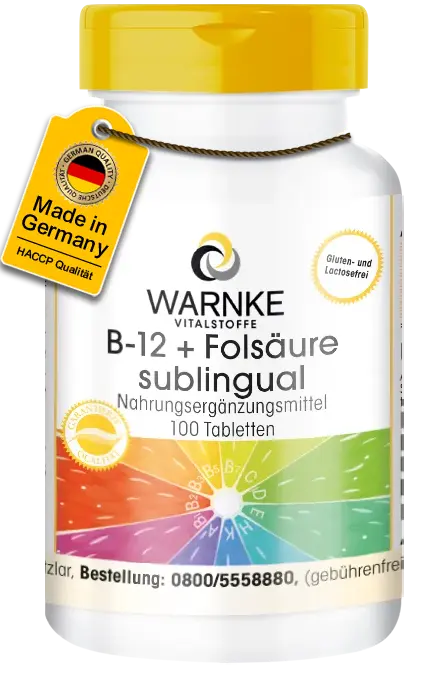B-12 + Folsäure sublingual mit Acerola - 100 Tabletten - für Schwangerschaft, Energie uvm. | Warnke Vitalstoffe B-12 + Folsäure sublingual mit Acerola - 100 Tabletten - für Schwangerschaft, Energie uvm. | Warnke Vitalstoffe