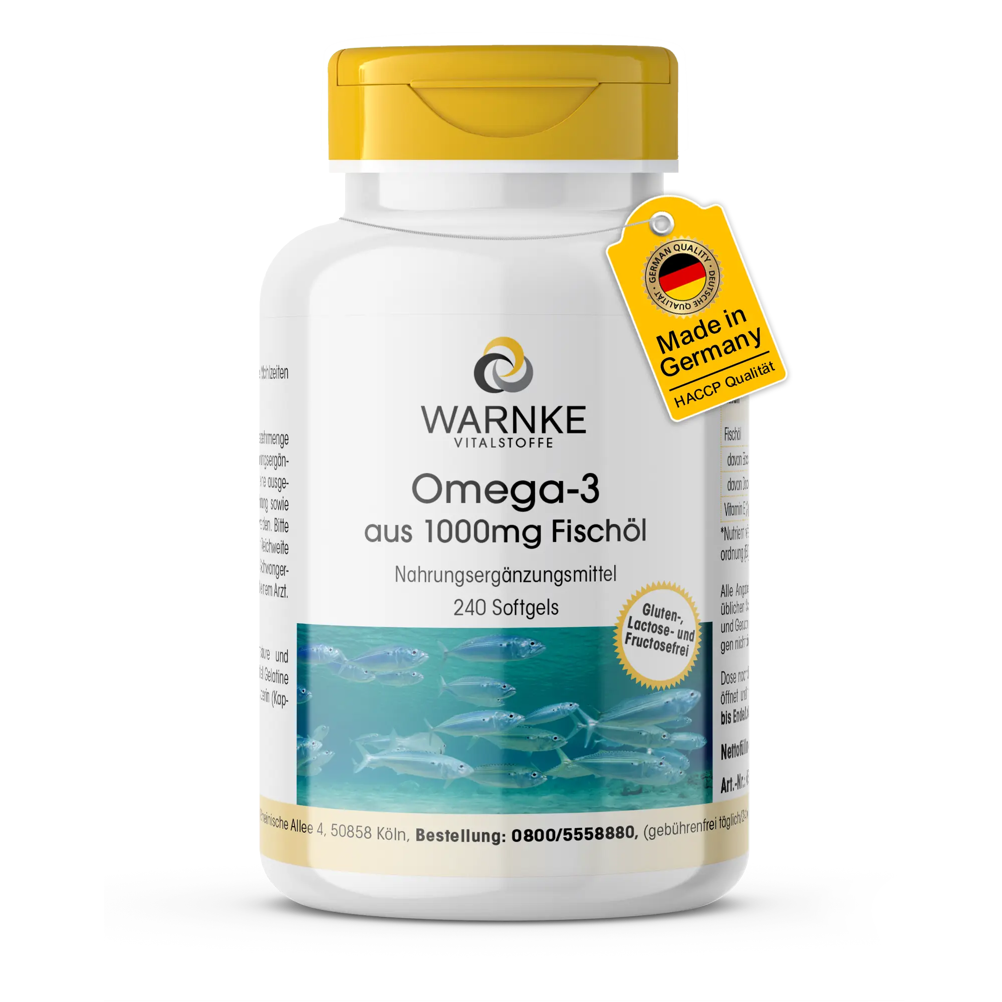 Omega-3 aus 1000mg Fischöl - 240 Softgels - mit EPA, DHA & Vitamin E - über 100% Bedarfsabdeckung | Warnke Vitalstoffe