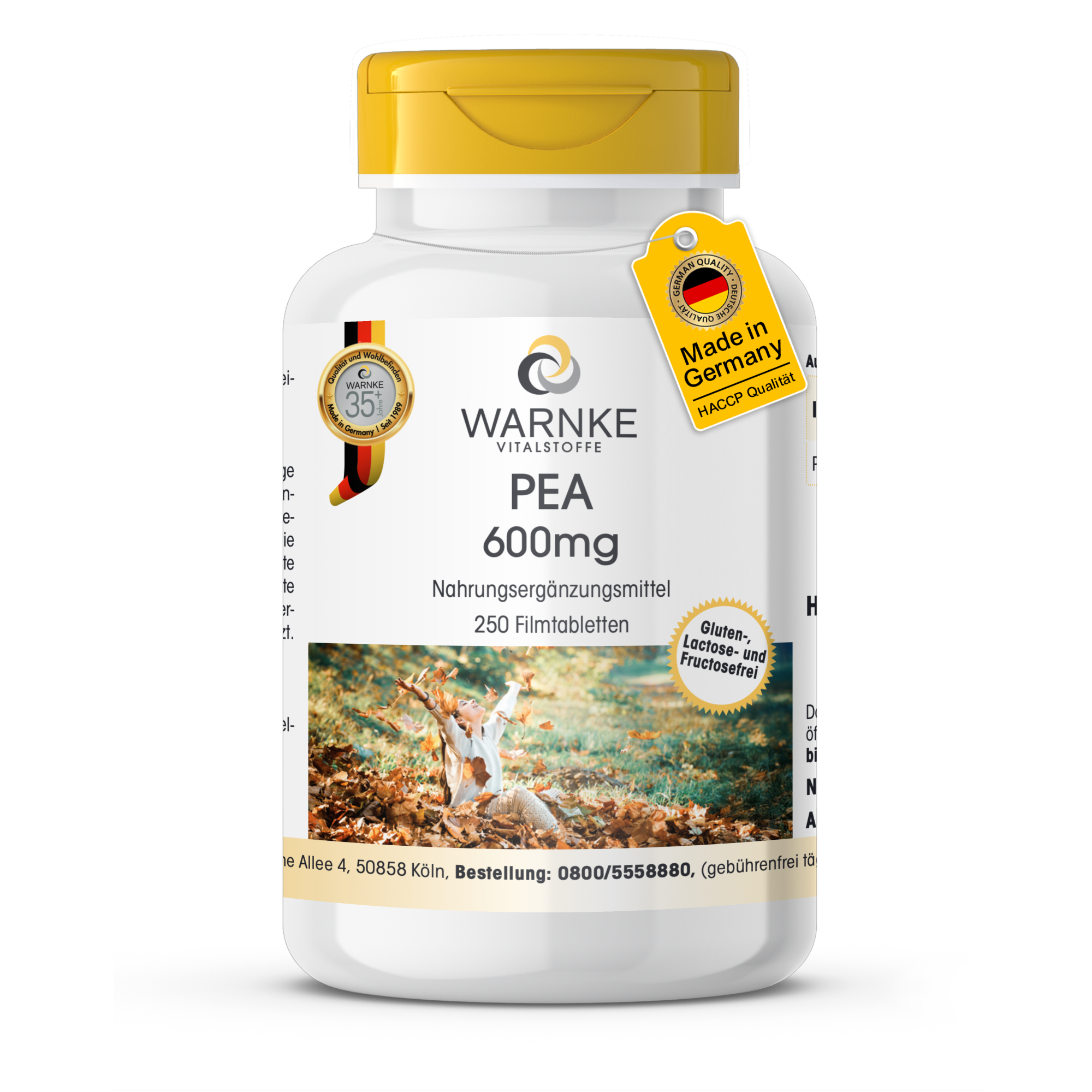 PEA 600mg - 250 Filmtabletten - schluckfreundlich - 1200mg pro Tag - vegan | Warnke Vitalstoffe