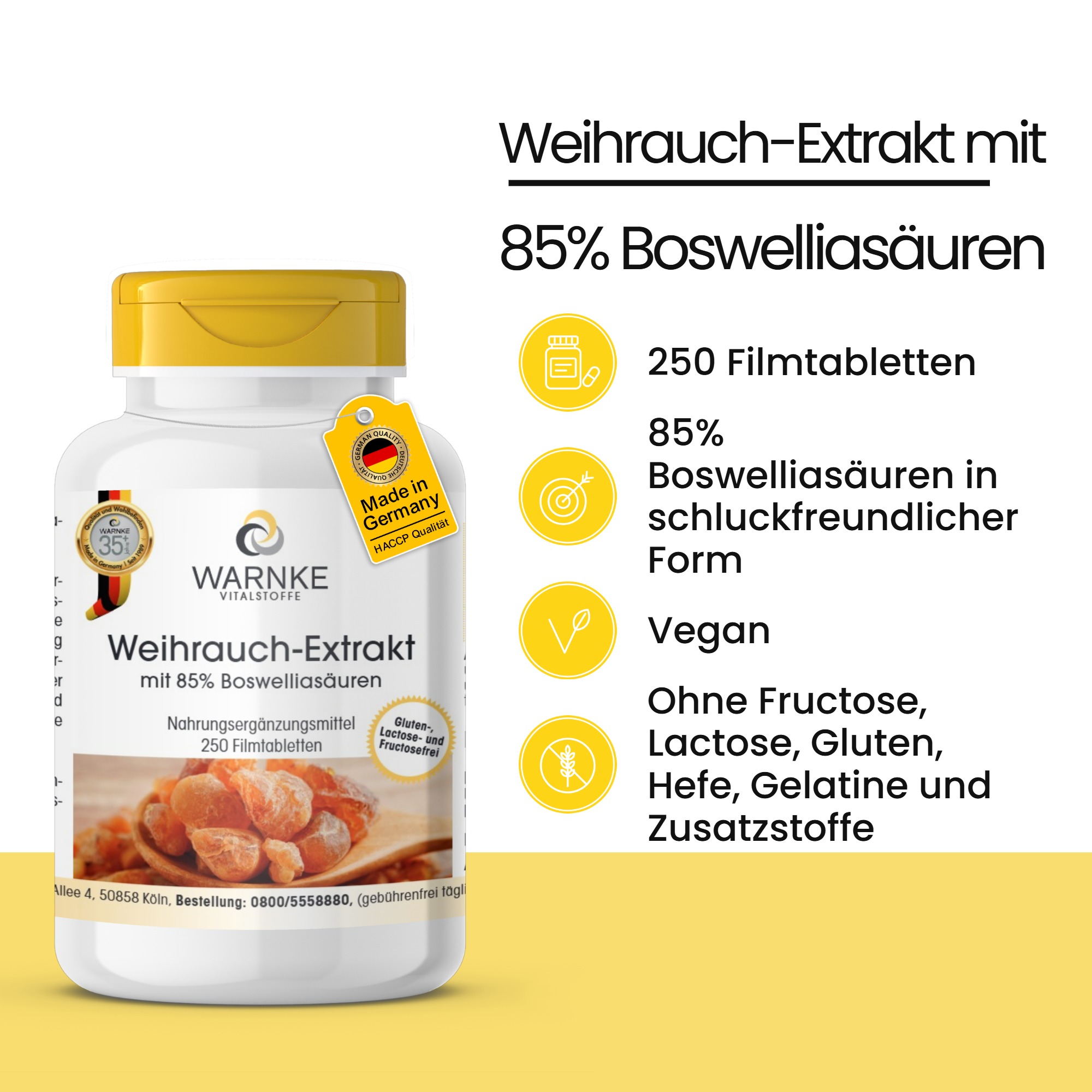 Weihrauch-Extrakt mit 85% Boswelliasäuren - 250 Filmtabletten - schluckfreundlich - vegan | Warnke Vitalstoffe