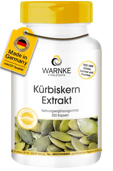 Kürbiskern-Extrakt 500mg - 250 Kapseln - mit Vitamin E, Selen uvm. - für Immunsystem, Haut uvm. | Warnke Vitalstoffe Kürbiskern-Extrakt 500mg - 250 Kapseln - mit Vitamin E, Selen uvm. - für Immunsystem, Haut uvm. | Warnke Vitalstoffe