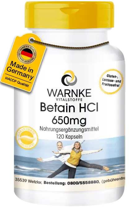 Betain HCl 650mg - 120 Kapseln - Betain Hydrochlorid - Hochdosiert & Vegan | Warnke Vitalstoffe Betain HCl 650mg - 120 Kapseln - Betain Hydrochlorid - Hochdosiert & Vegan | Warnke Vitalstoffe