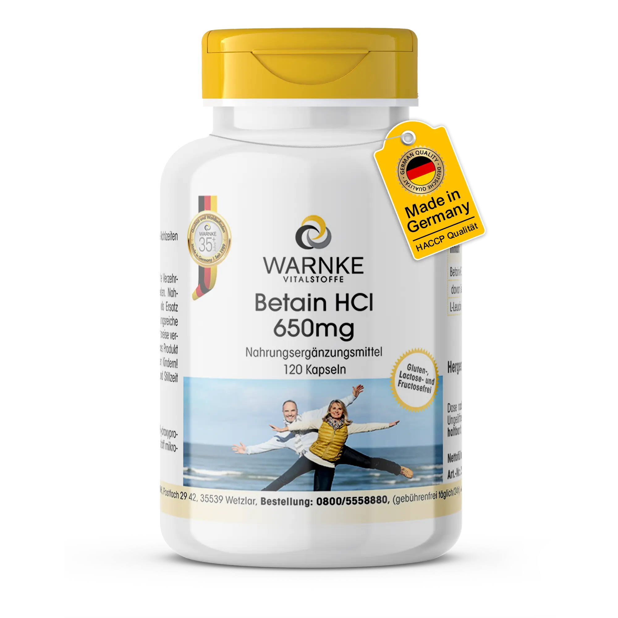 Betain HCl 650mg - 120 Kapseln - Betain Hydrochlorid - Hochdosiert & Vegan | Warnke Vitalstoffe