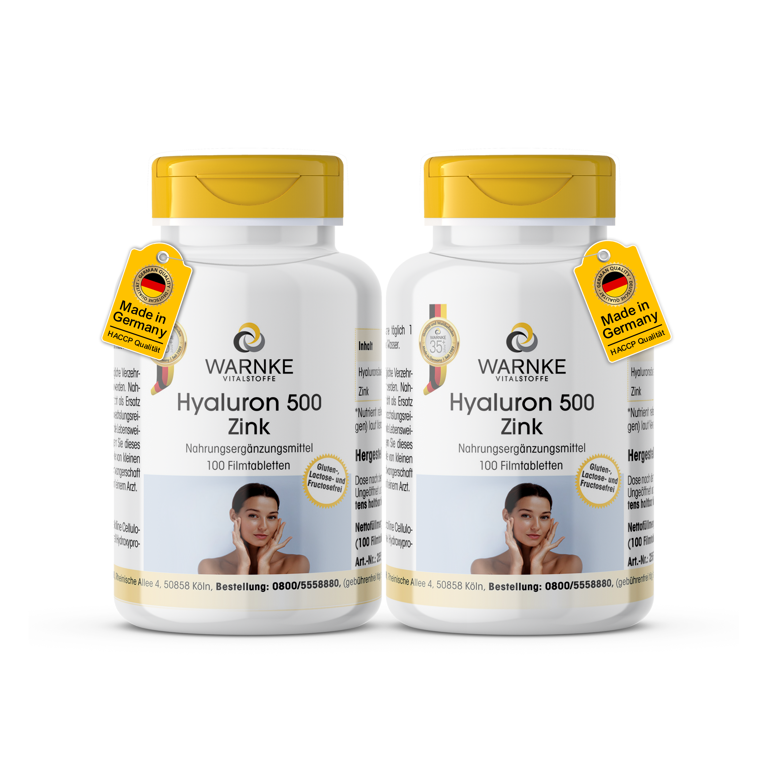 Hyaluron 500 + Zink - 2 x 100 Filmtabletten - schluckfreundlich - für Haut, Zellschutz uvm. - vegan | Warnke Vitalstoffe