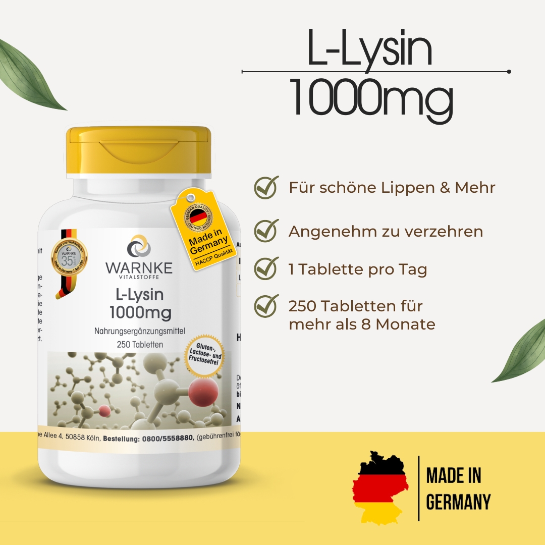 L-Lysine 1000mg - 250 Tablets - Essential Amino Acid - Vegan | Warnke Vitalstoffe