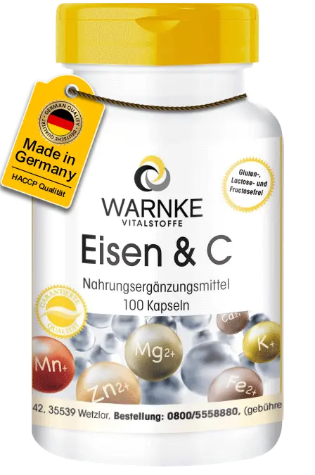 Eisen & C - 100 Kapseln - mit Vitamin C, Vitamin B12, Biotin - für Immunsystem, Energie uvm. | Warnke Vitalstoffe Eisen & C - 100 Kapseln - mit Vitamin C, Vitamin B12, Biotin - für Immunsystem, Energie uvm. | Warnke Vitalstoffe