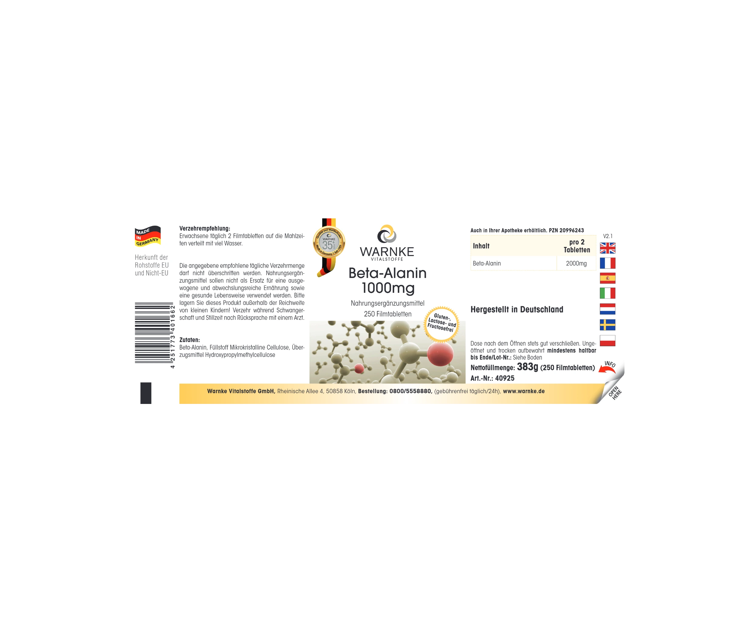 Beta-Alanin 1000mg - 250 Filmtabletten - vegan | Warnke Vitalstoffe