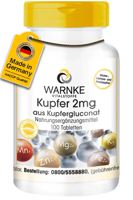 Kupfer 2mg aus Kupfergluconat - 100 Tabletten- für Hautpigmentierung, Haarpigmentierung uvm. | Warnke Vitalstoffe Kupfer 2mg aus Kupfergluconat - 100 Tabletten- für Hautpigmentierung, Haarpigmentierung uvm. | Warnke Vitalstoffe