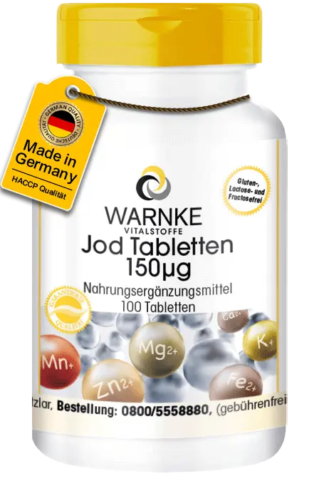 Jod Tabletten 150µg - 100 Tabletten - mit Kalium - für Schilddrüse, Haut, uvm. | Warnke Vitalstoffe Jod Tabletten 150µg - 100 Tabletten - mit Kalium - für Schilddrüse, Haut, uvm. | Warnke Vitalstoffe