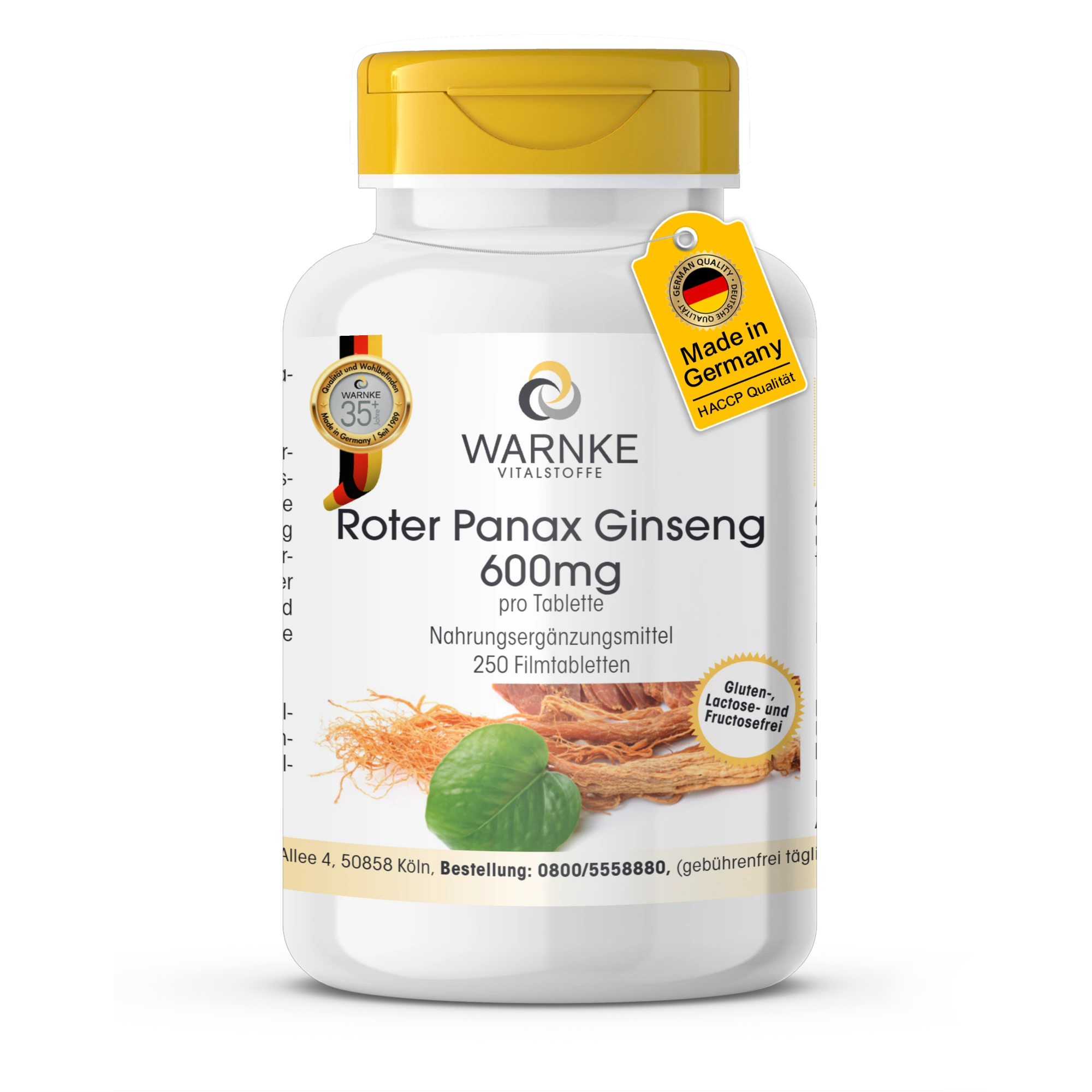 Roter Panax Ginseng 600mg - 250 Filmtabletten - vegan | Warnke Vitalstoffe