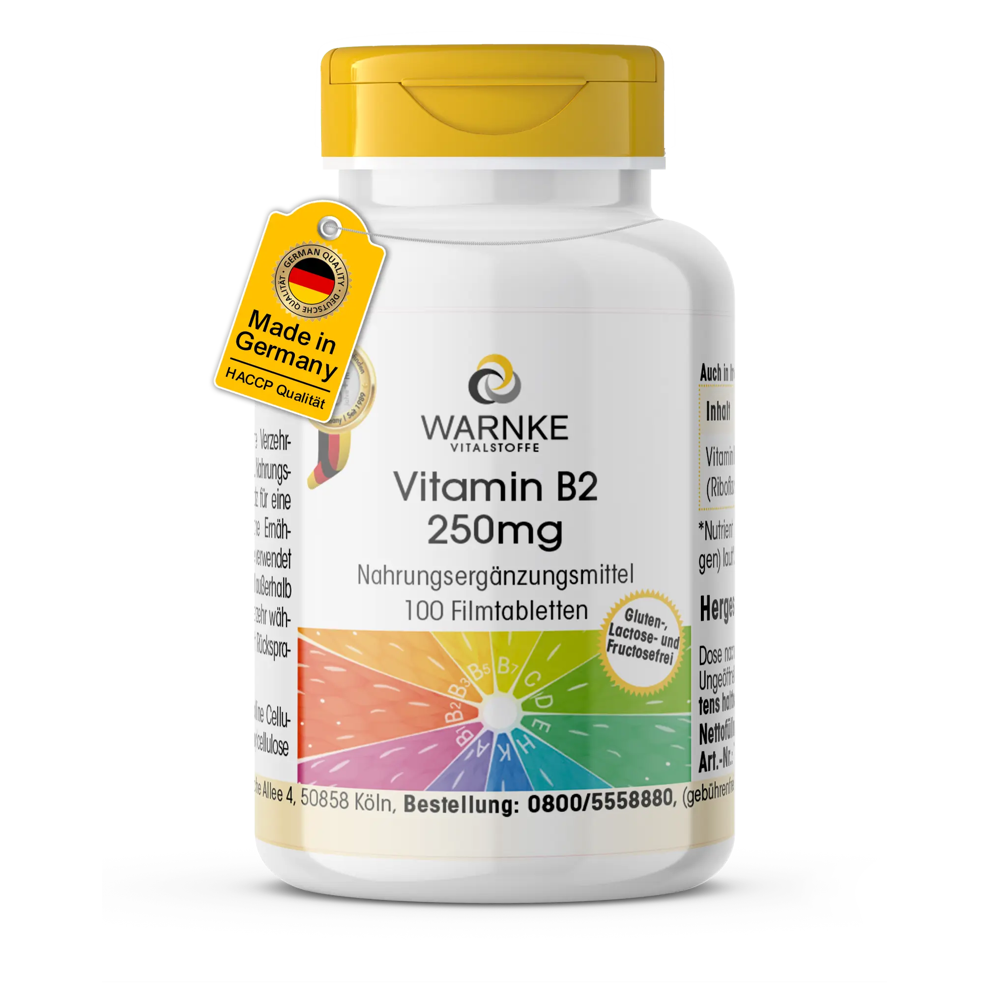 Vitamin B2 250 mg – 100 film-coated tablets - Easy to swallow - High dose | Warnke Vitalstoffe