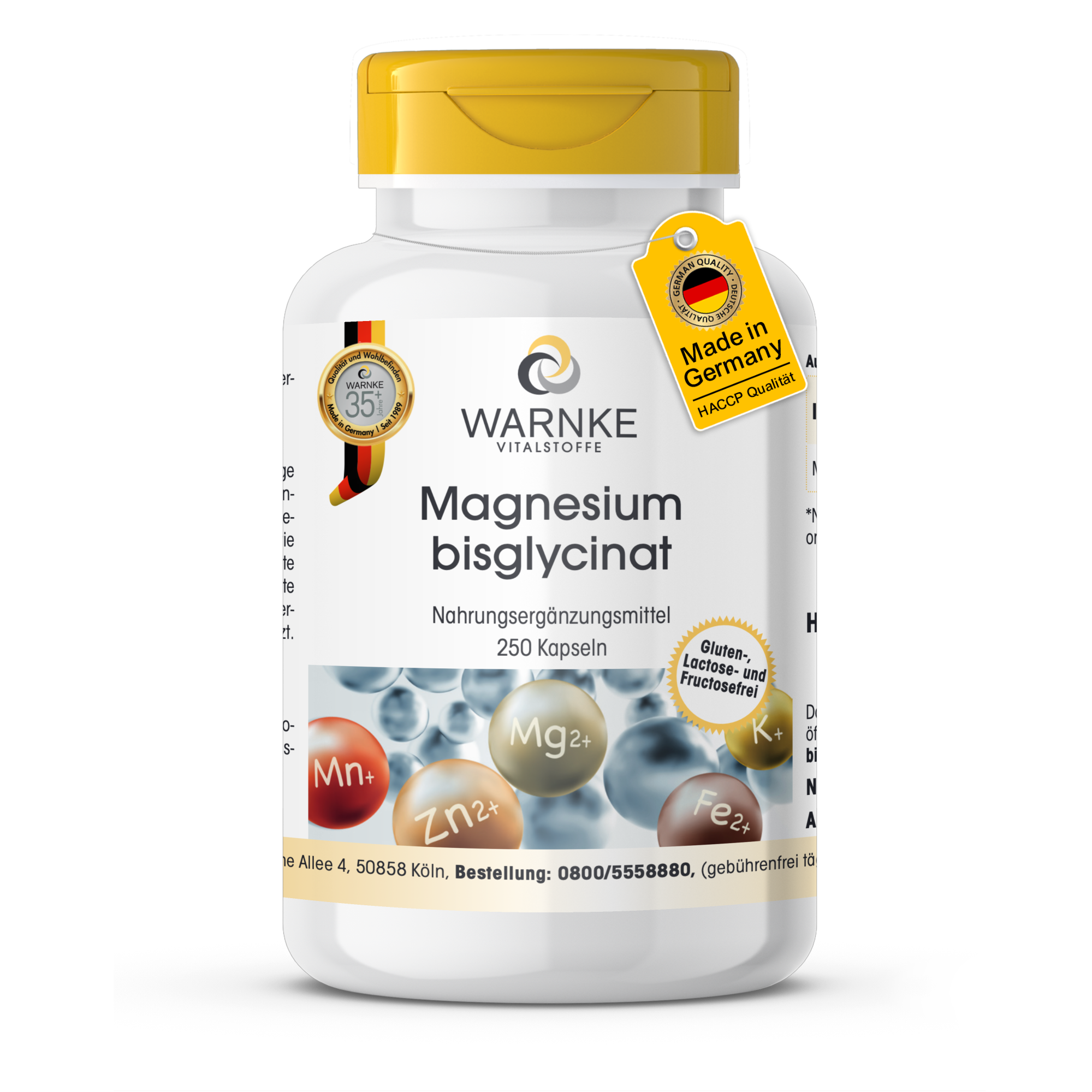 Magnesiumbisglycinat - 250 Kapseln - 300mg Magnesium - für Knochen, Muskeln uvm. - vegan | Warnke Vitalstoffe