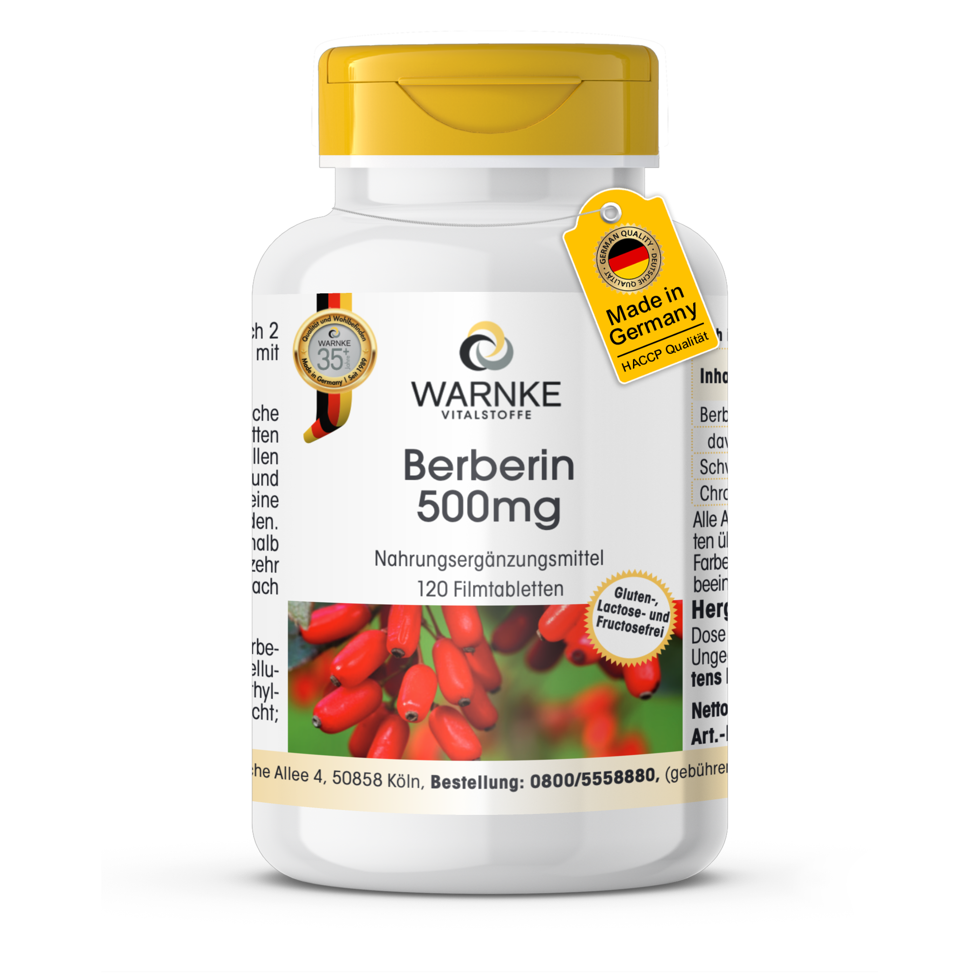 Berberin 500mg - 120 Filmtabletten - mit Chrom - für Blutzuckerspiegel & Makronährstoff-Stoffwechsel - vegan | Warnke Vitalstoffe