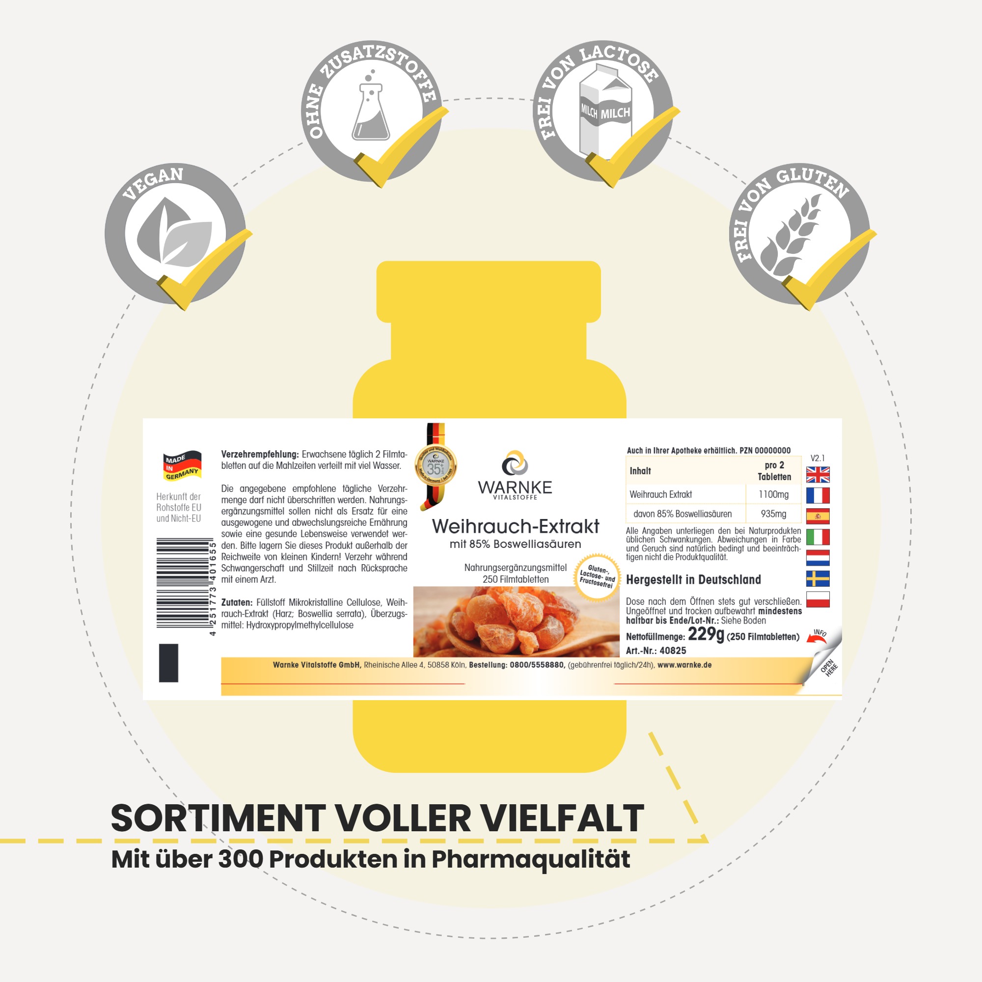 Weihrauch-Extrakt mit 85% Boswelliasäuren - 250 Filmtabletten - schluckfreundlich - vegan | Warnke Vitalstoffe