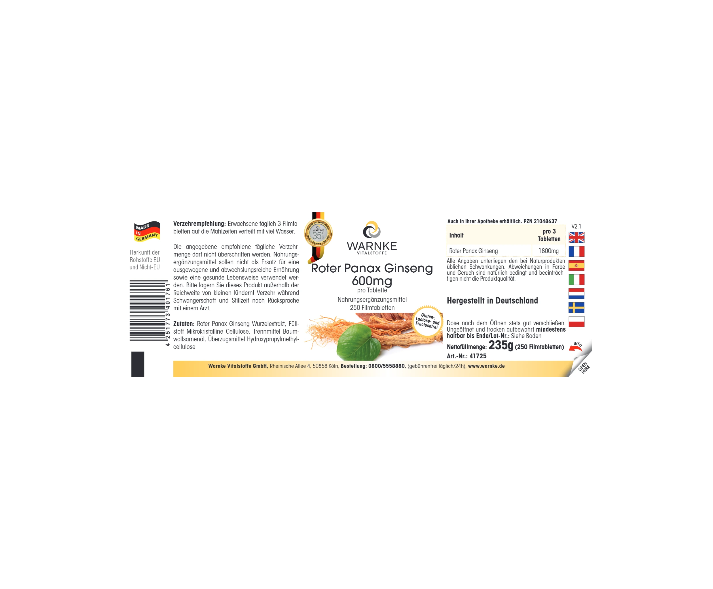 Roter Panax Ginseng 600mg - 250 Filmtabletten - vegan | Warnke Vitalstoffe