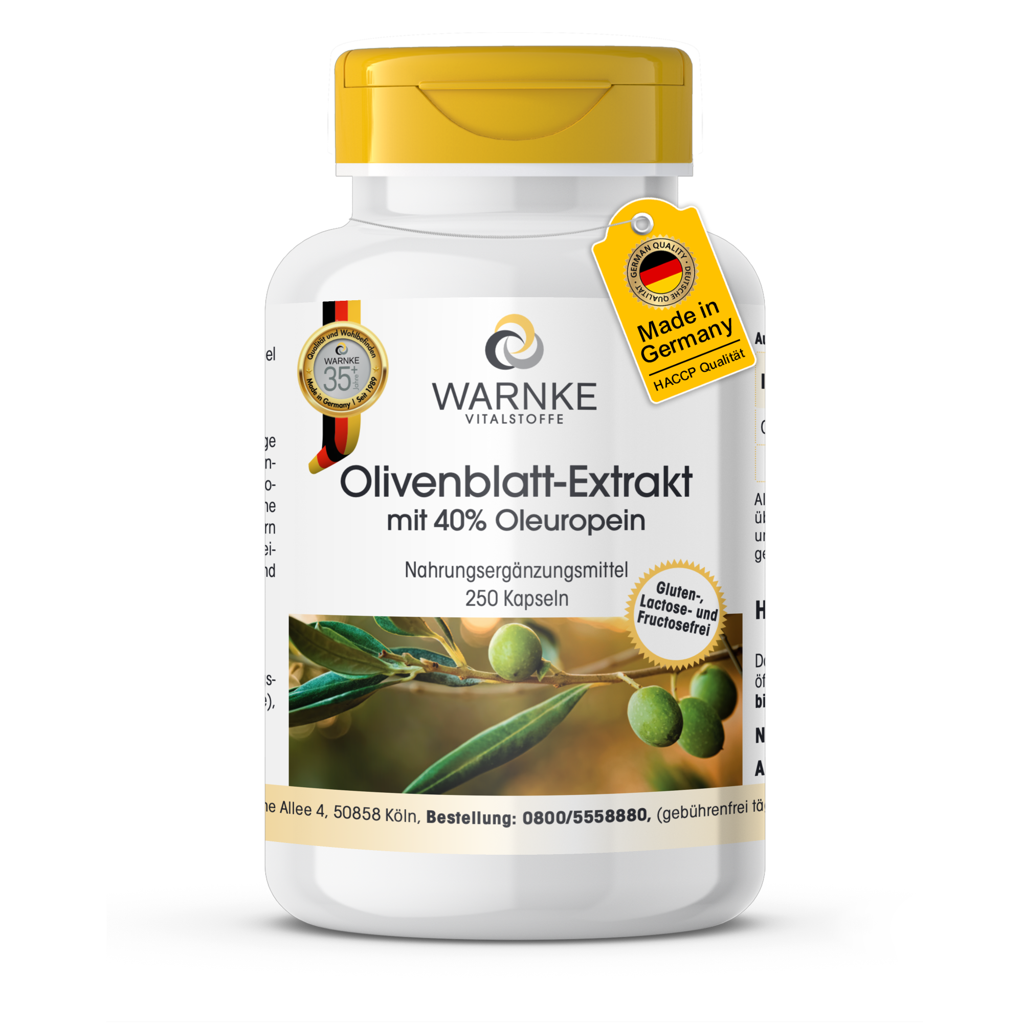 Olivenblatt-Extrakt mit 40% Oleuropein - 250 Kapseln - vegan | Warnke Vitalstoffe