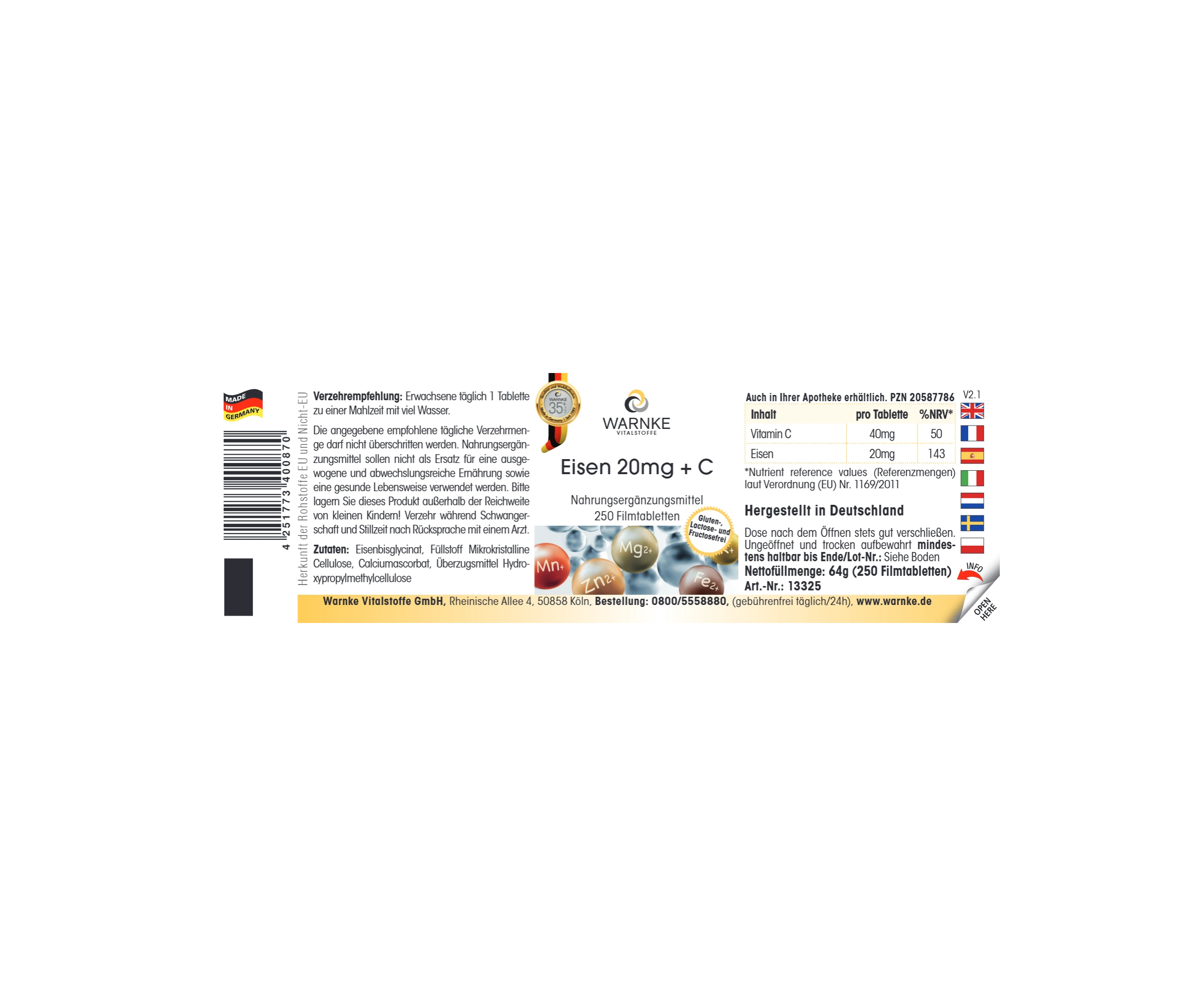 Eisen 20mg + C - 250 Filmtabletten - schluckfreundlich - vegan | Warnke Vitalstoffe