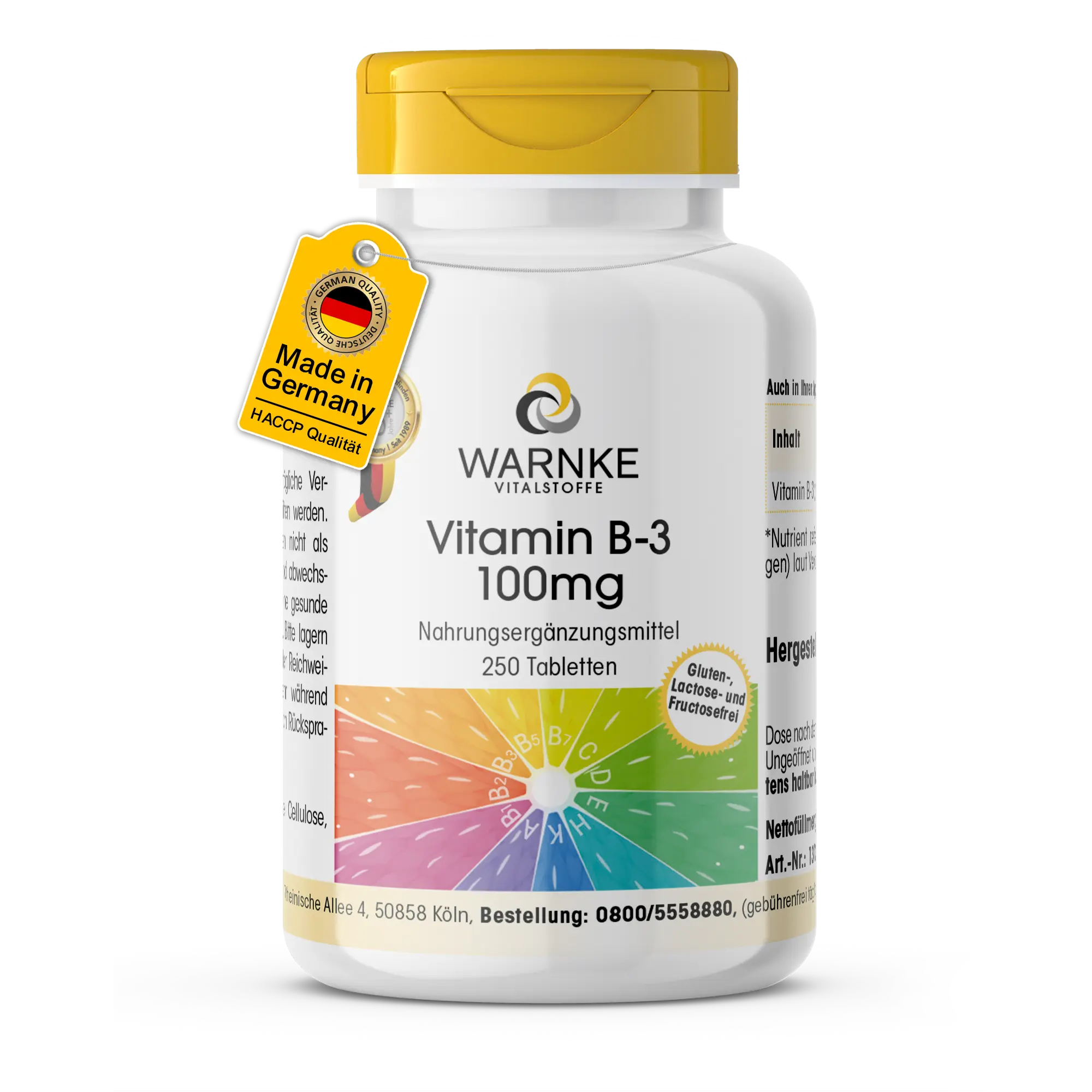 Vitamina B-3 100 mg - 250 compresse - Niacina - per la pelle, il sistema nervoso, l'energia e molto altro ancora - vegano | Warnke Vitalstoffe