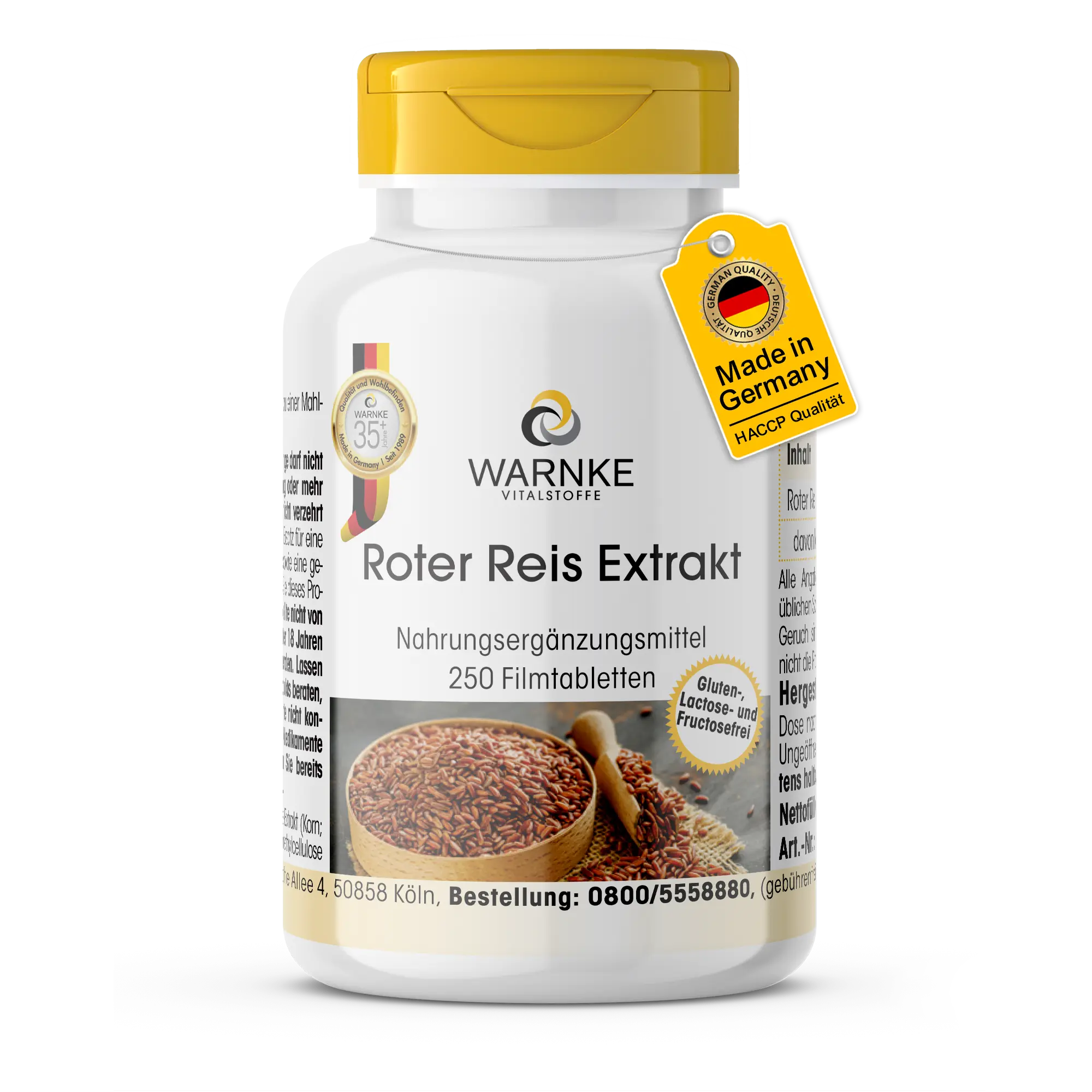 Roter Reis Extrakt - 250 Filmtabletten - mit 2,95mg Monacolin K - schluckfreundlich - vegan | Warnke Vitalstoffe