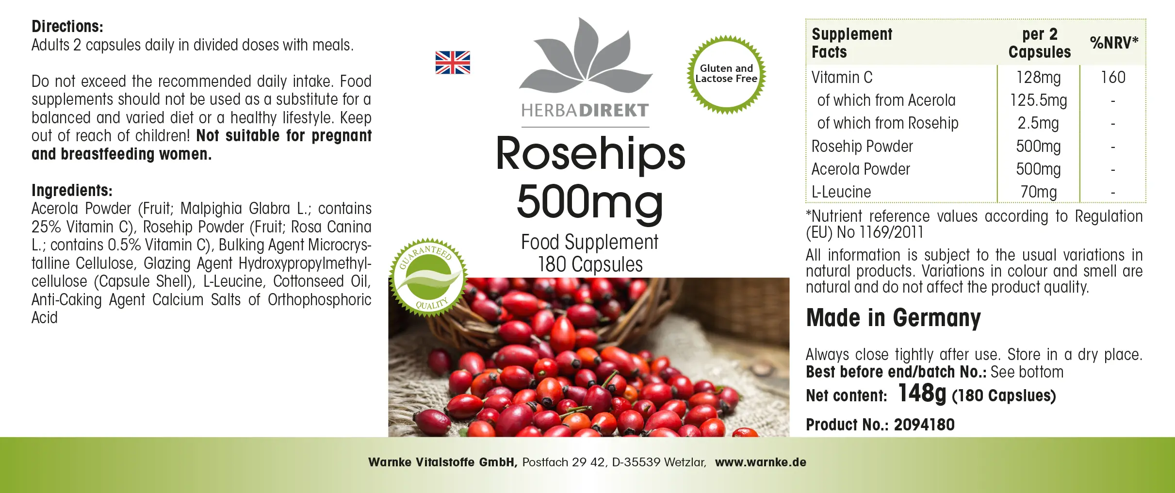 Rosehip 500mg- 180 capsules