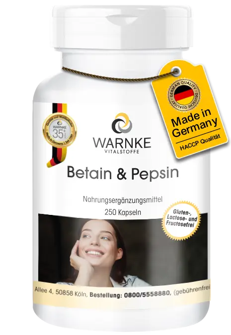 Betain & Pepsin - 250 Kapseln - schluckfreundlich - Hochdosiert | Warnke Vitalstoffe