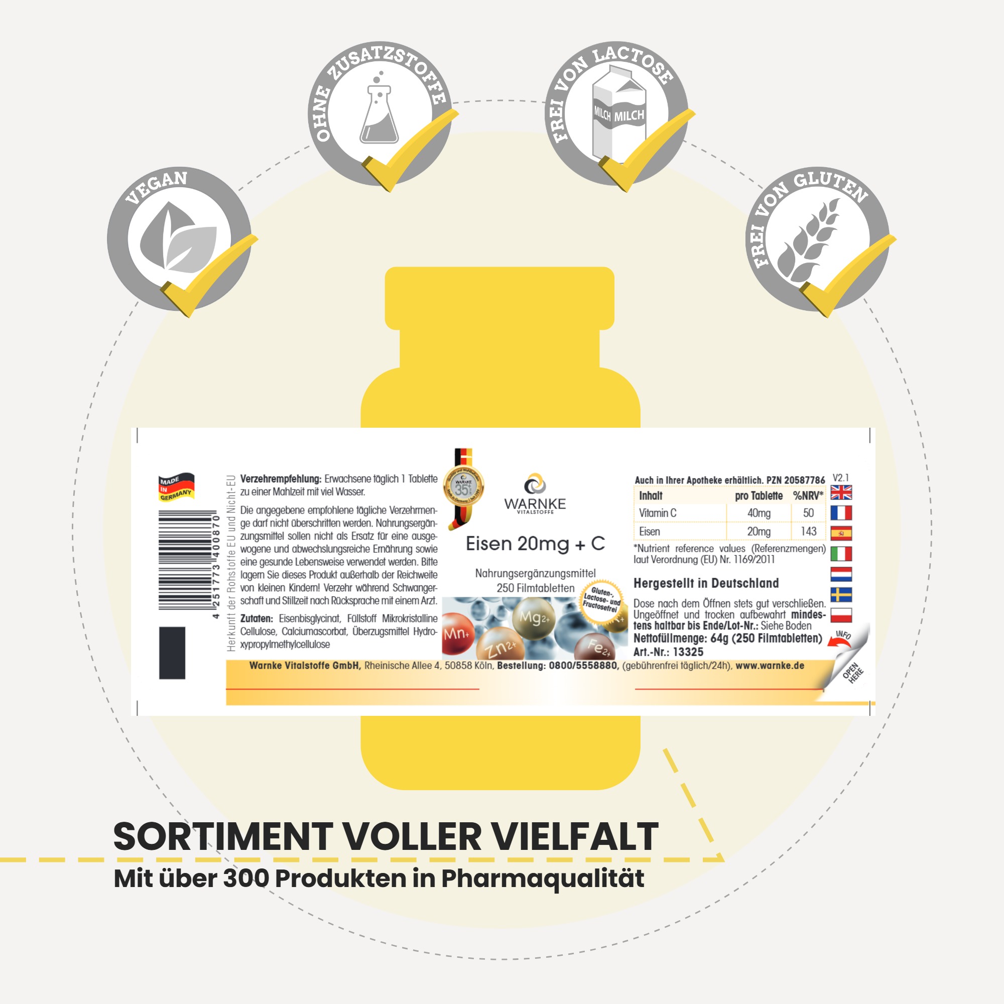 Eisen 20mg + C - 250 Filmtabletten - schluckfreundlich - vegan | Warnke Vitalstoffe