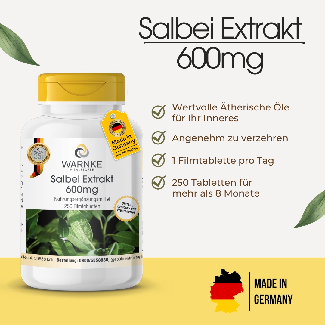 Salbei Extrakt 600mg - 250 Filmtabletten - vegan | Warnke Vitalstoffe